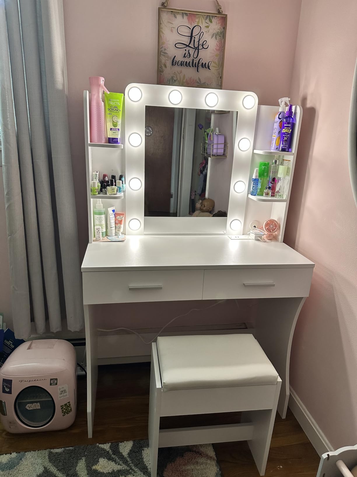 Vabches White Makeup Vanity Desk with Lighted Mirror & Charging Station | 2 Large Drawers, Vanity Mirror 3 Lighting Color Adjustable,Cushioned Stool, Storage Drawers and Shelves customer photo 2