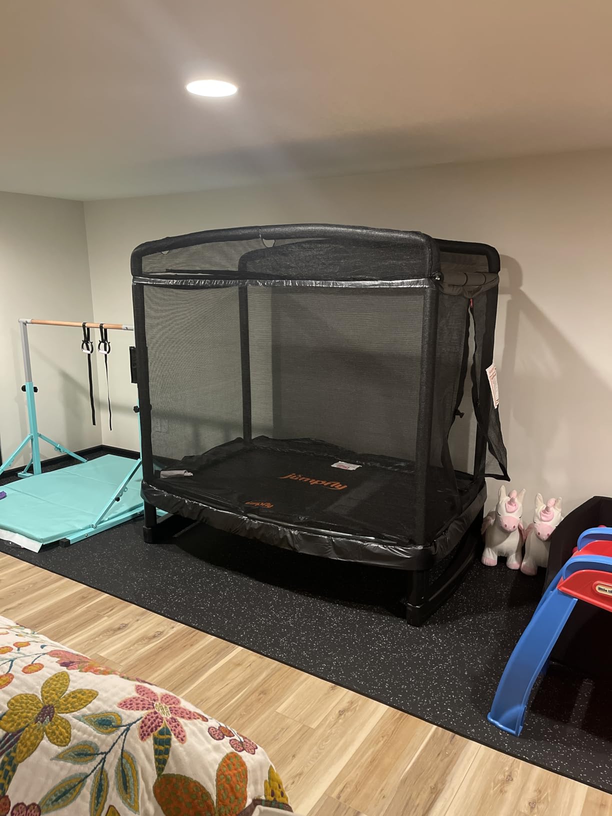jumpfly 6FT Rectangle Trampoline for Kids, Toddler Trampoline with Swing & Basketball Hoop, Indoor & Outdoor Mini with Enclosure, ASTM Approved customer photo 2