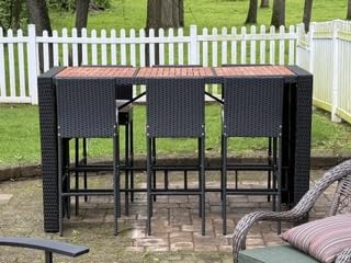 Yaheetech 7 Piece Patio Dining Set Outdoor Acacia Wood Bar Table and Chairs | with Removable Cushions, Wicker Furniture Set for Deck, Backyard, Garden, Black/Beige customer photo 1