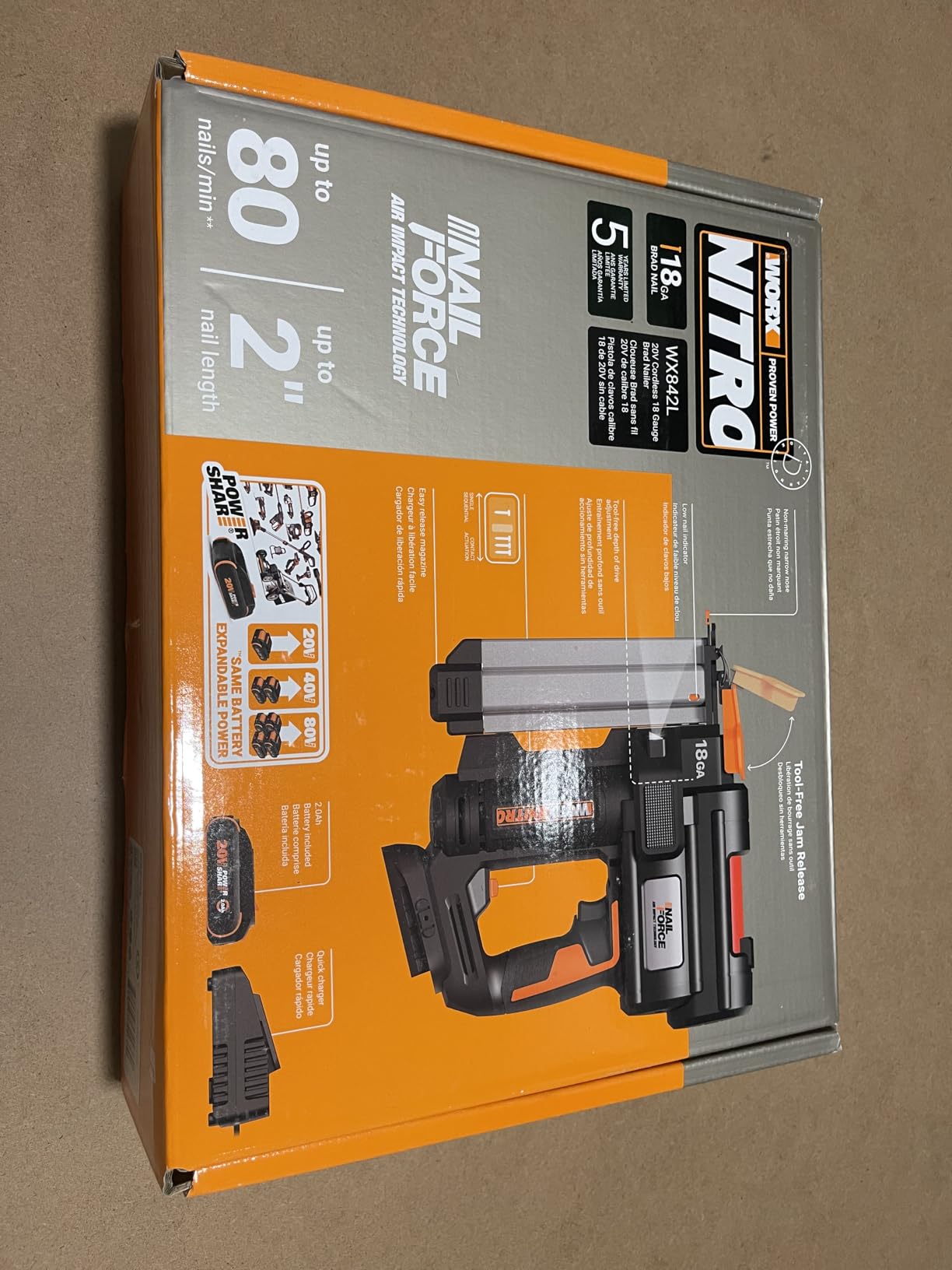 WORX Cordless Brad Nailer, 20V 18GA Nail Gun, WX842L | Up to 2-in Nails and Tool-Free Jam Release, Battery and Charger Included, PowerShare customer photo 1