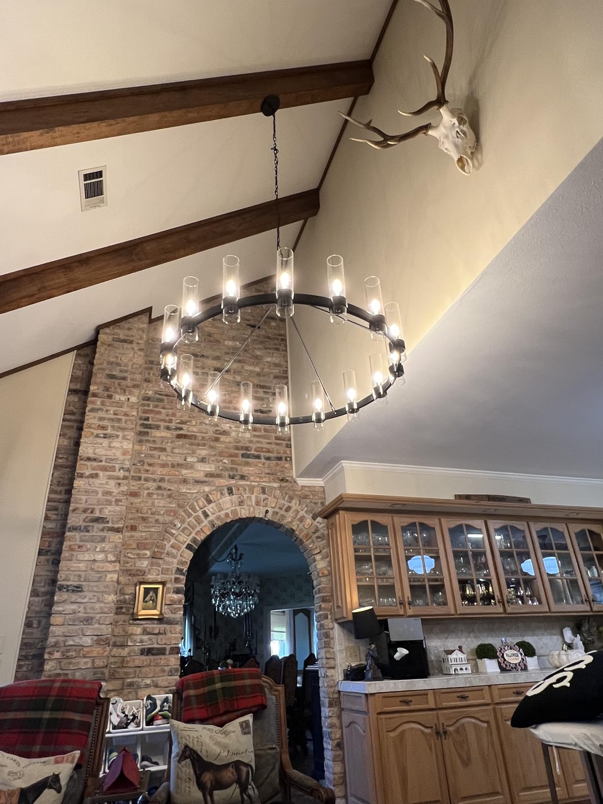 48 Inch Black Wagon Wheel Chandelier with Glass Shade, 16 Lights, Modern Farmhouse Style, Ideal for Dining Room, Kitchen, Entryways customer photo 1