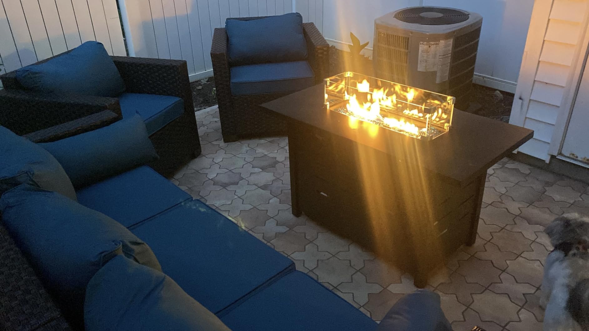 Rattan Star 4 Piece Patio Furniture Set 45 Inches Fire Pit Table Outdoor Furniture Sets Patio Couch Outdoor Chairs 50000 BTU Propane Fire Pit with No-Slip Cushions and Waterproof Covers, Navy Blue customer photo 1