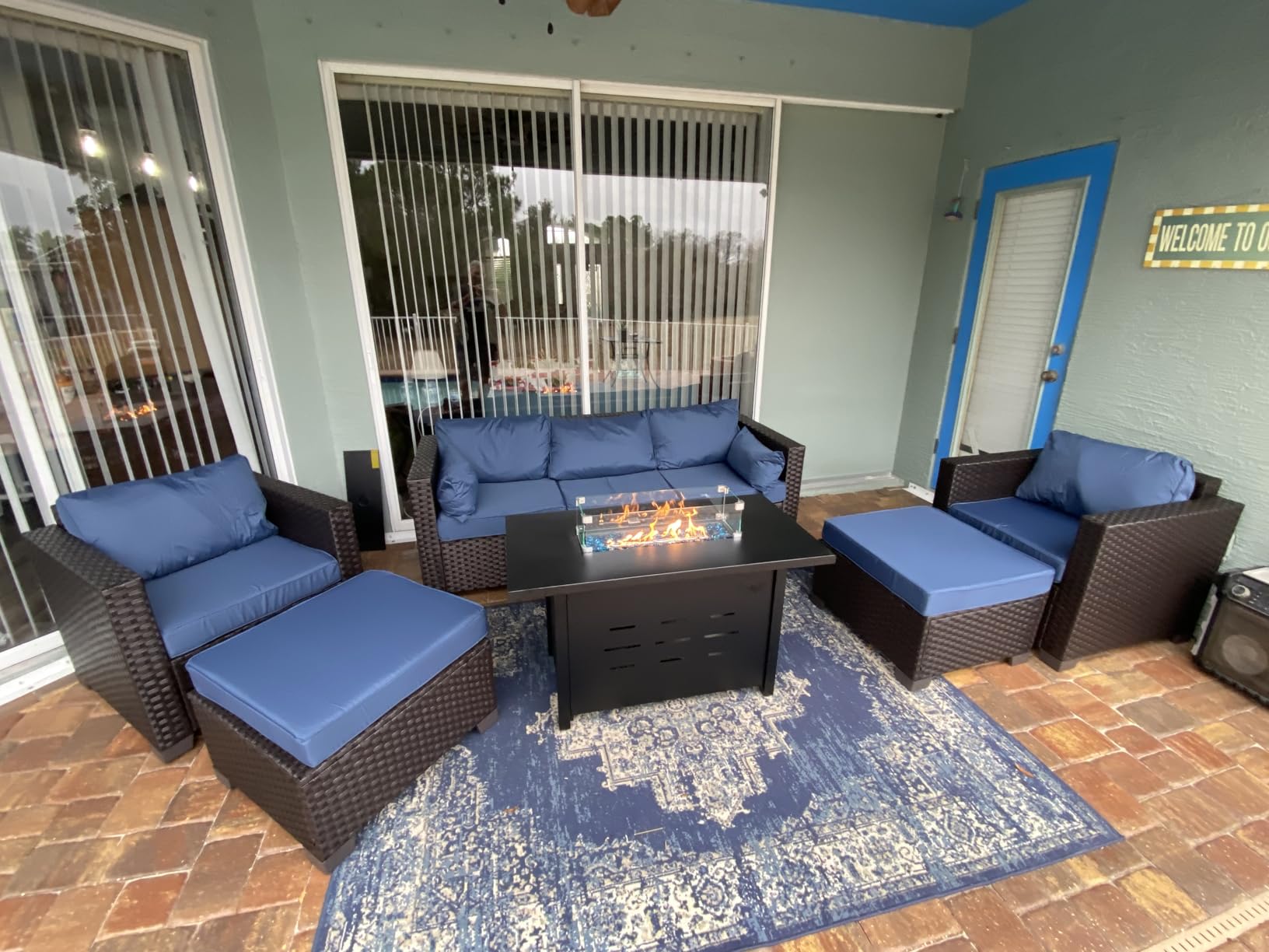 Rattan Star 4 Piece Patio Furniture Set 45 Inches Fire Pit Table Outdoor Furniture Sets Patio Couch Outdoor Chairs 50000 BTU Propane Fire Pit with No-Slip Cushions and Waterproof Covers, Navy Blue customer photo 2
