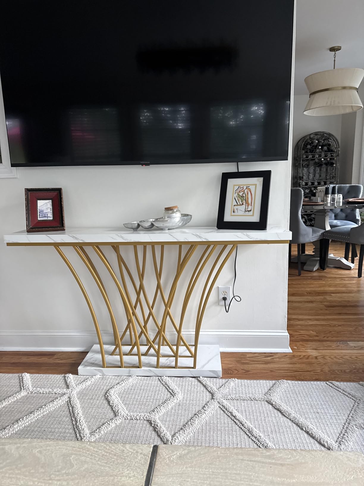 Tribesigns 59 inch Gold Console Table, Modern Entryway Table with Grid-Shaped Metal Base for Entrance, Hallway, Entryway, Living Room, White Faux Marble & Gold customer photo 2