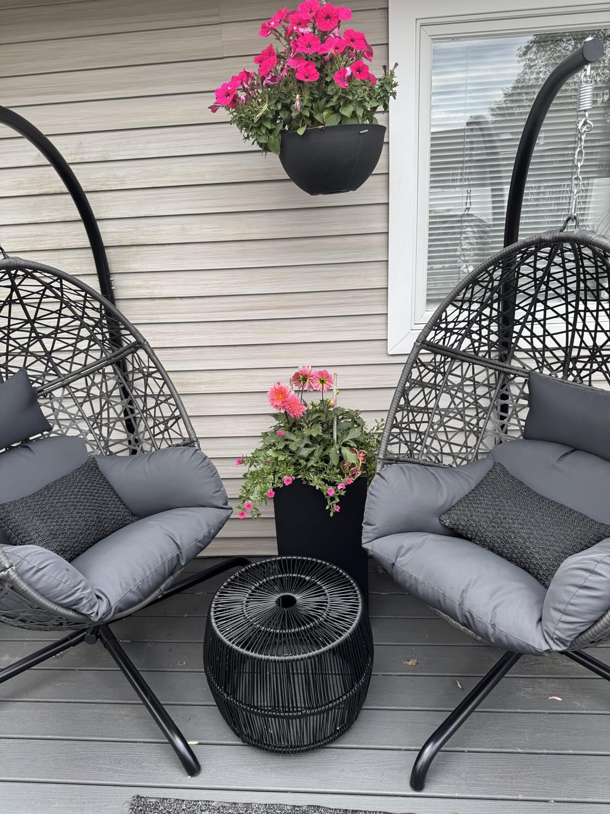 Swing Egg Chair with Stand, Bird Cage Patio Hanging Chair with Cushion, Large Swinging Chairs Indoor Outdoor, All-Weather 350lbs Eggshell Basket Seat for Porch, Backyard, Dark Grey customer photo 1