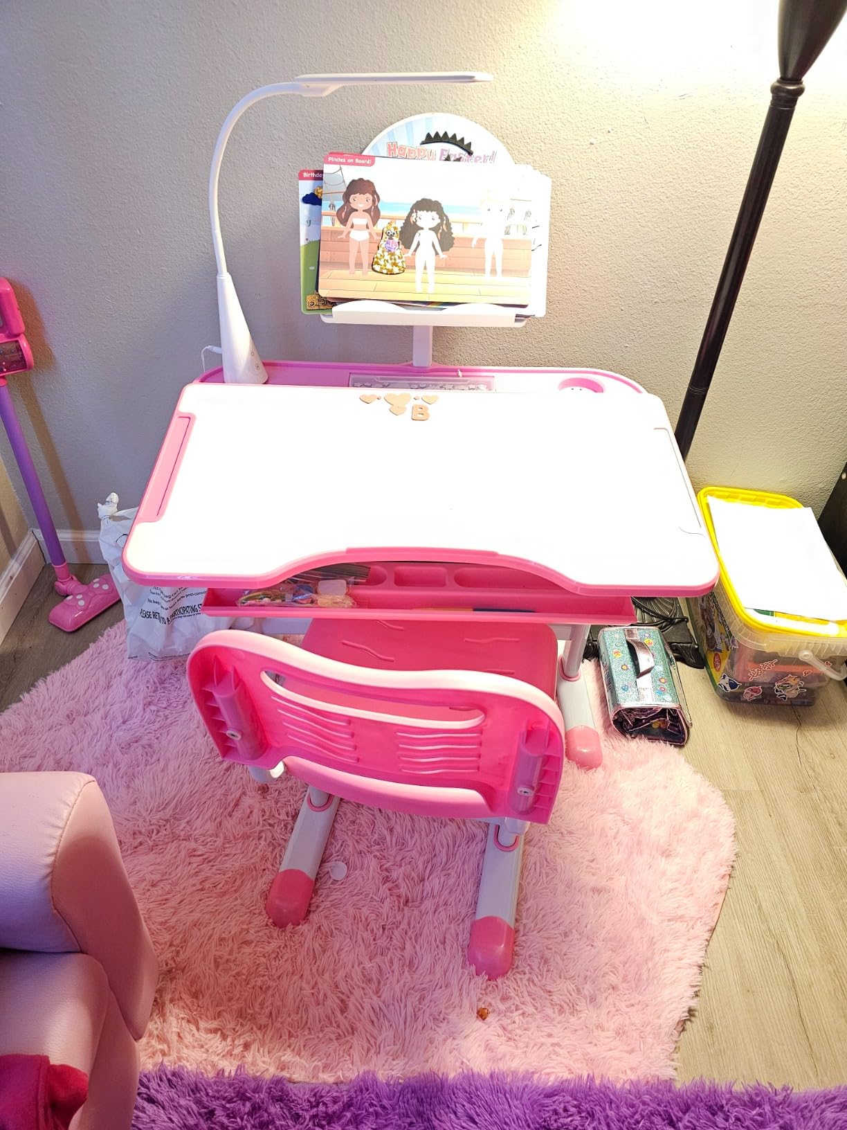 Diroan Kids Desk and Chair Set with LED Light, Height-Adjustable for Age 7+ | Ergonomic, Large 0-45° desk, Sturdy steel frame, Storage drawer, Bookstand, Metal hook customer photo 2