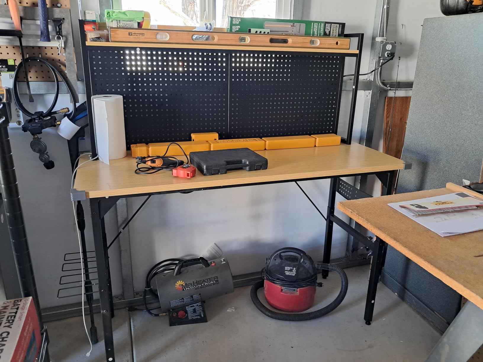 DWVO 60in Heavy Duty Workbench with Pegboard & Wheels Adjustable Work Table, Wood Top, Rolling Work Table, AC/USB Outlet, Hooks, Rack, for Garage Workshop Office Home, 1600Lb Load Capacity customer photo 1