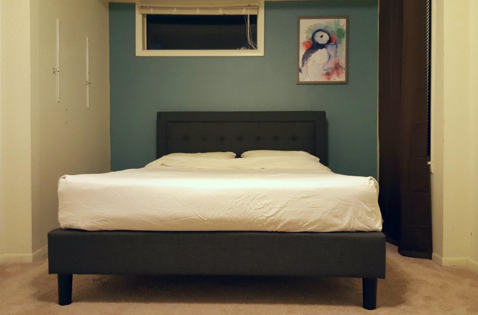 Zinus Dachelle Upholstered Platform Bed Frame, Mattress Foundation, Wood Slat Support, No Box Spring Needed, Eco Friendly WonderBox (TM) Packaging, Easy Assembly, Dark Grey, Queen customer photo 1