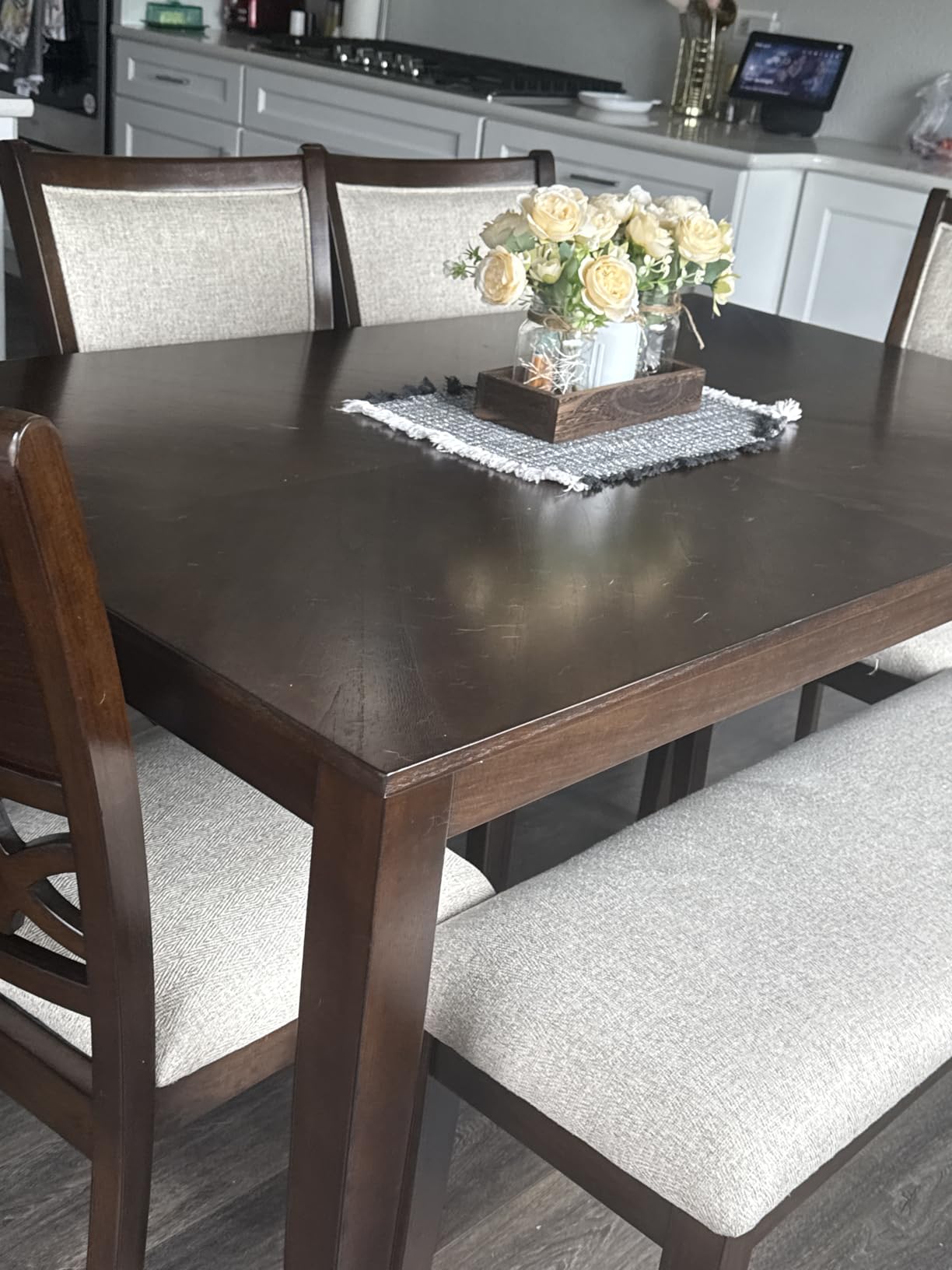 Signature Design by Ashley Langwest 6-Piece Dining Table Set with Bench | Seats up to 6, 60.38 in W dining table, Reverse diamond patterned veneer, Tapered legs, Light beige polyester fabric customer photo 1