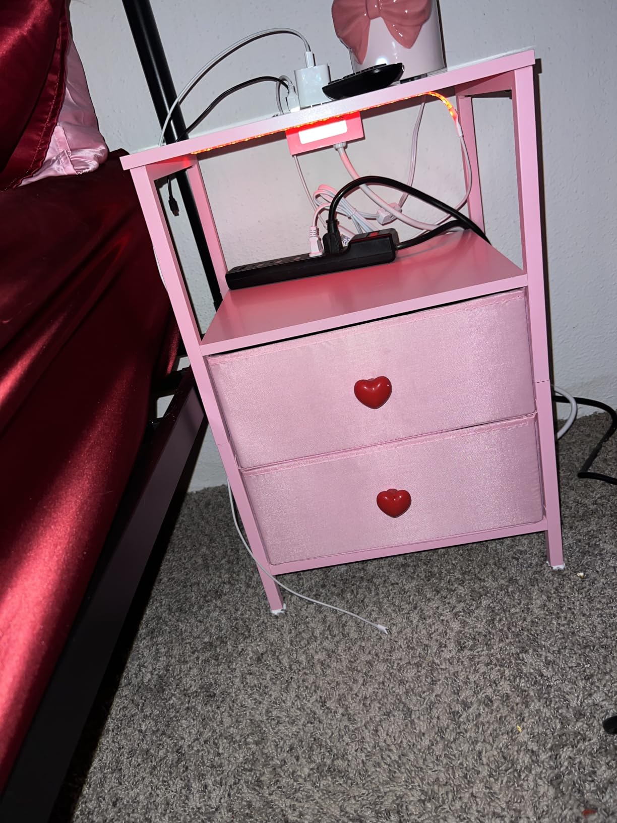BOLUO White Nightstand with Charging Station, LED Night Stand with 2 Fabric Drawers, Bedside Table with USB Ports and Outlets, Nightstand for Bedroom Modern customer photo 2