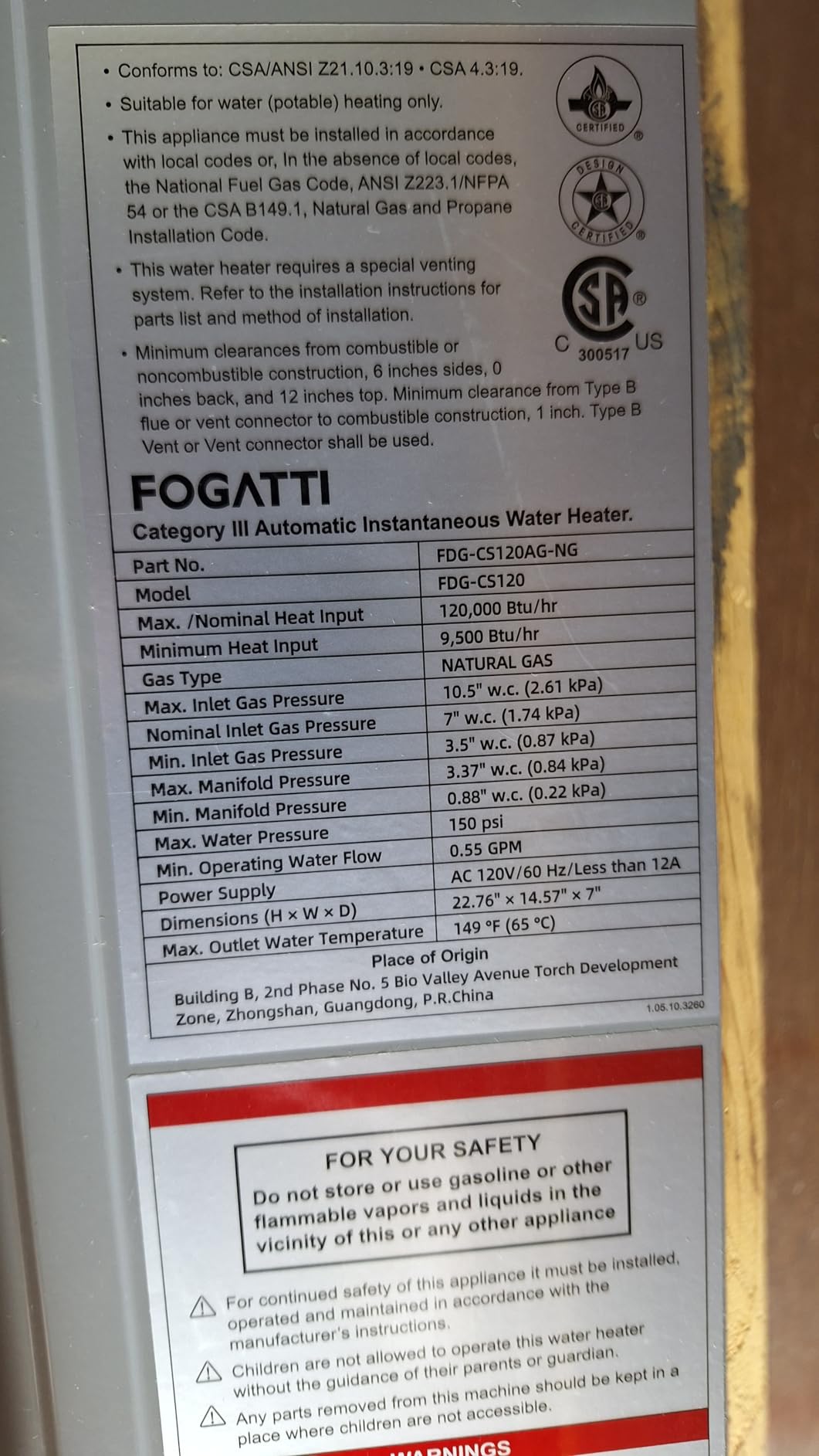 FOGATTI Natural Gas Tankless Water Heater Indoor - Max 7.5 GPM 170,000 BTU, CSA Certified Compact Design On Demand Instant Hot Water Heater - Instagas Comfort 170S Series customer photo 2