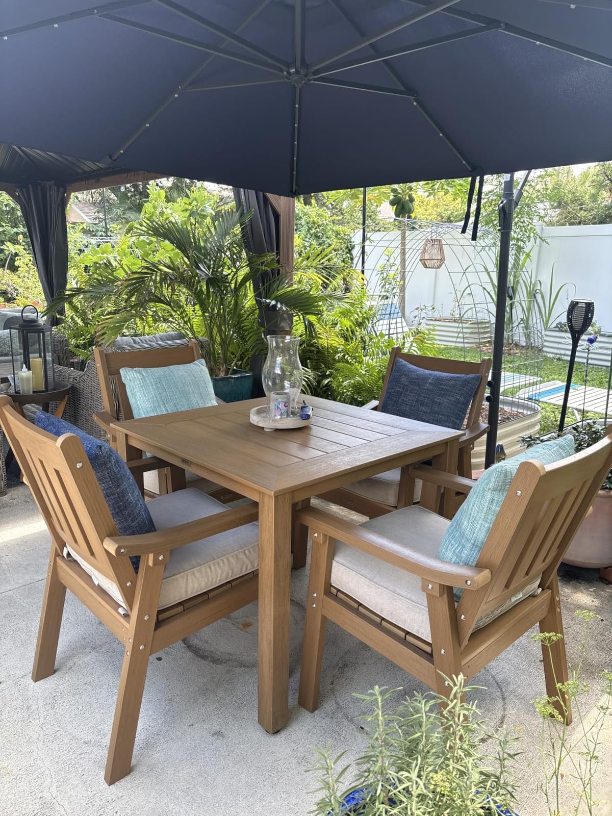 YEFU 7-Piece Patio Table Set, All-Weather HIPS, Metal Aluminum Frame, Teak | Outdoor Table and Chairs Dining Furniture Set with Umbrella Hole, Modern Plastic Dining Sets 6 Person for Outside Deck customer photo 2