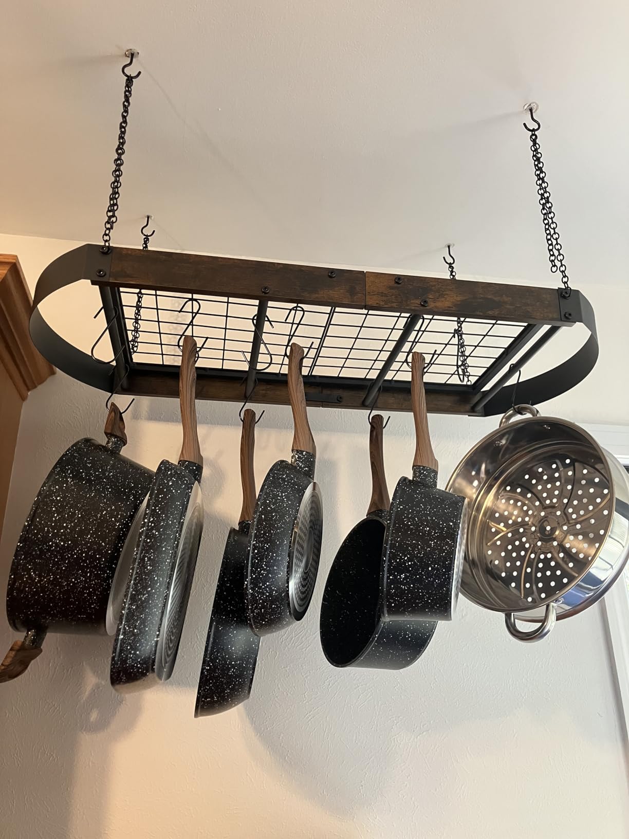 CHOEZON 31.7-Inch Hanging Pot Rack, Space-Saving Pot Hanger for Kitchen, Ceiling Pan Hanging Rack with 16 Detachable S Hooks, Sturdy Metal Frame, Industrial Style, Rustic Brown and Black TPR09BF customer photo 2