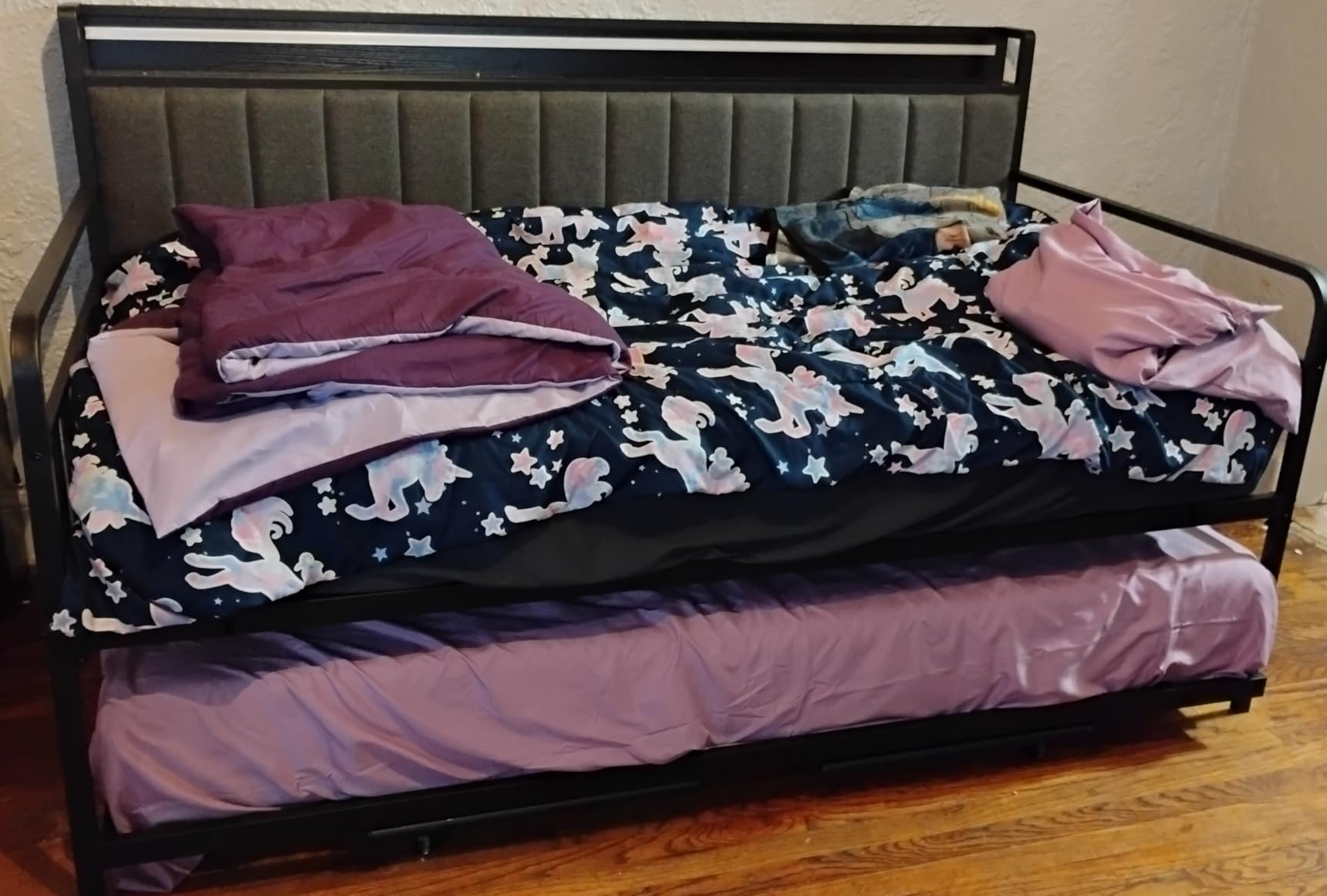 Daybed with Trundle and LED Light, Heavy Duty Metal Twin Bed Frame with Upholstered Storage Headboard & Charging Station, Day Bed Pop Up Trundle Bed Twin for Living Room, Bedroom and Guest Room, Black customer photo 2
