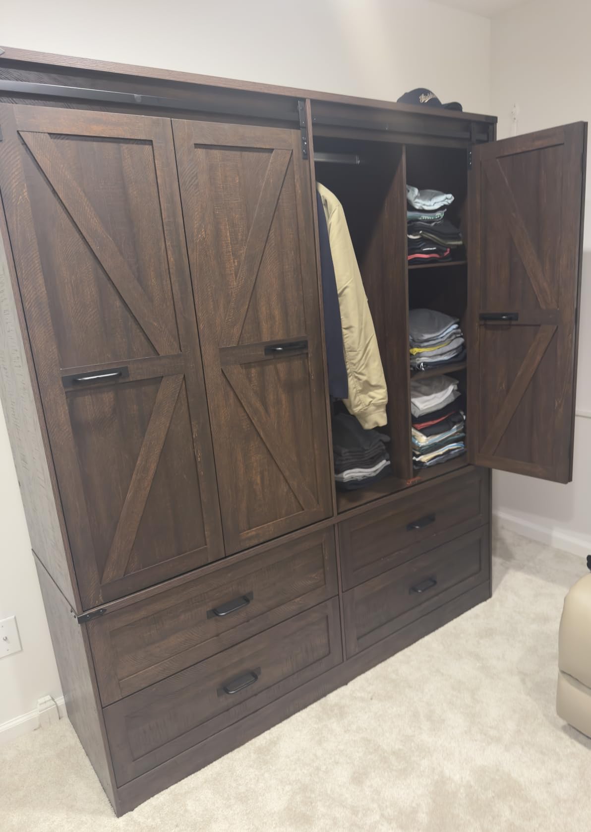 Farmhouse 3 Doors Armoire Wardrobe Closet w/Folding Sliding Barn Door and Lights, LED Armoire Closet w/Drawers for Bedroom, Freestanding Wooden Wardrobe Storage Closets w/Hanging Rod, Antique White customer photo 1