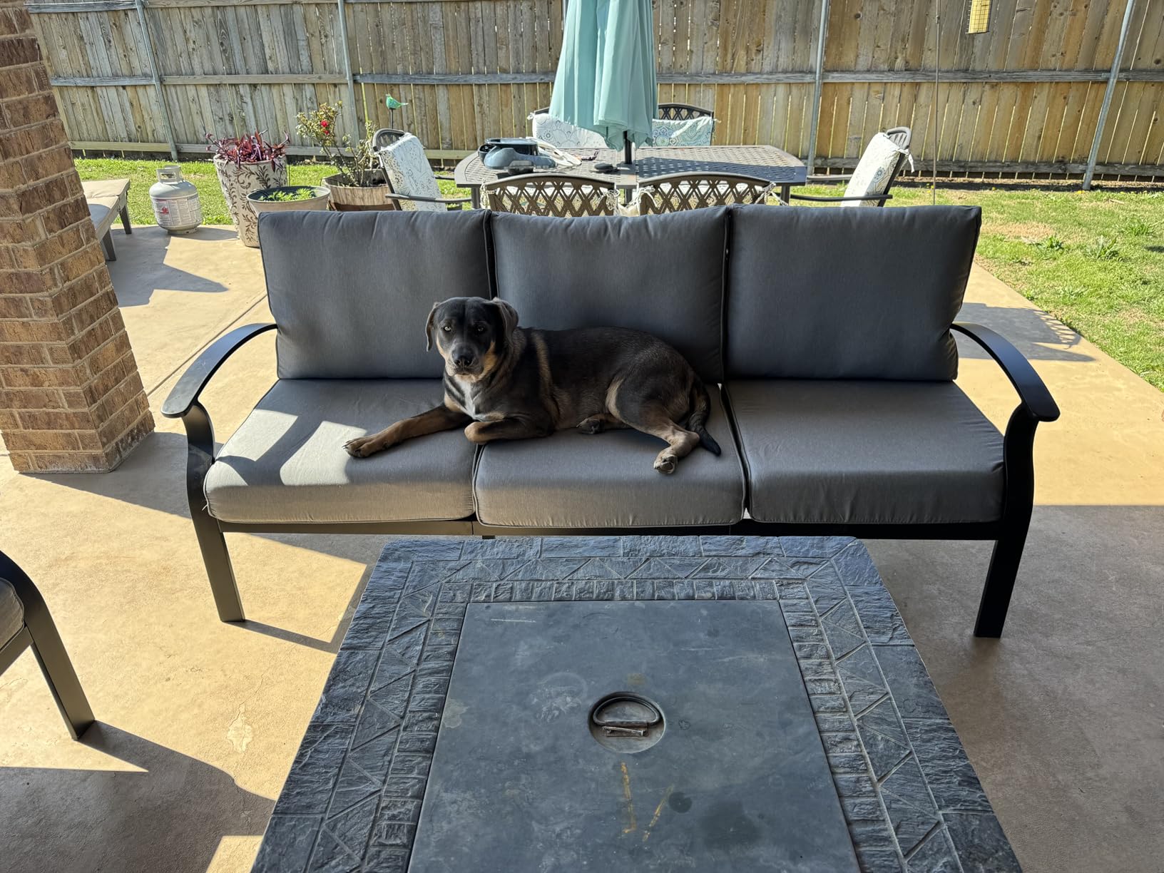 Kullavik Aluminum Outdoor Patio Furniture Set with 5.1' Thick Cushions | 5 Pieces Patio Conversation Set with 55,000 BTU Fire Pit Table, 3-Seat Sofa, Swivel Rocking Chairs for Porch, Deck, Grey customer photo 1