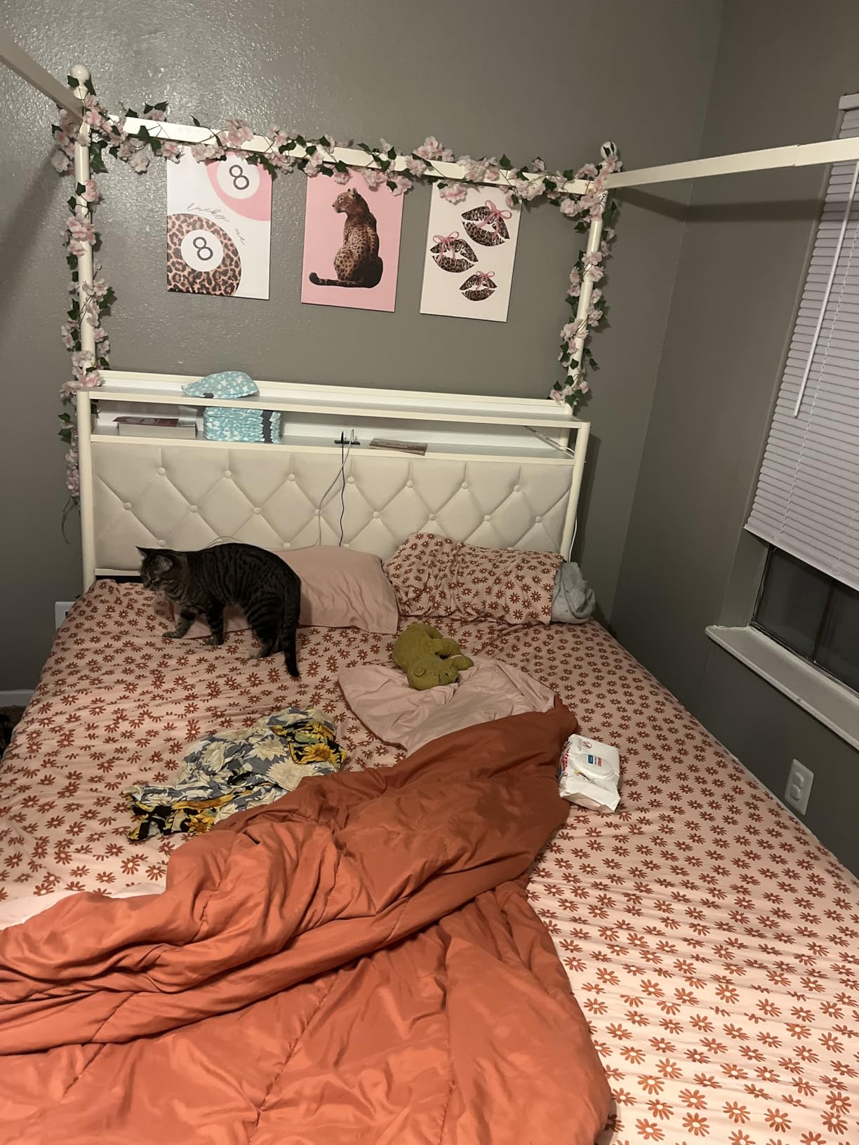 HIFIT Queen Size LED Canopy Bed Frame with Storage & Charging Station, Beige customer photo 1