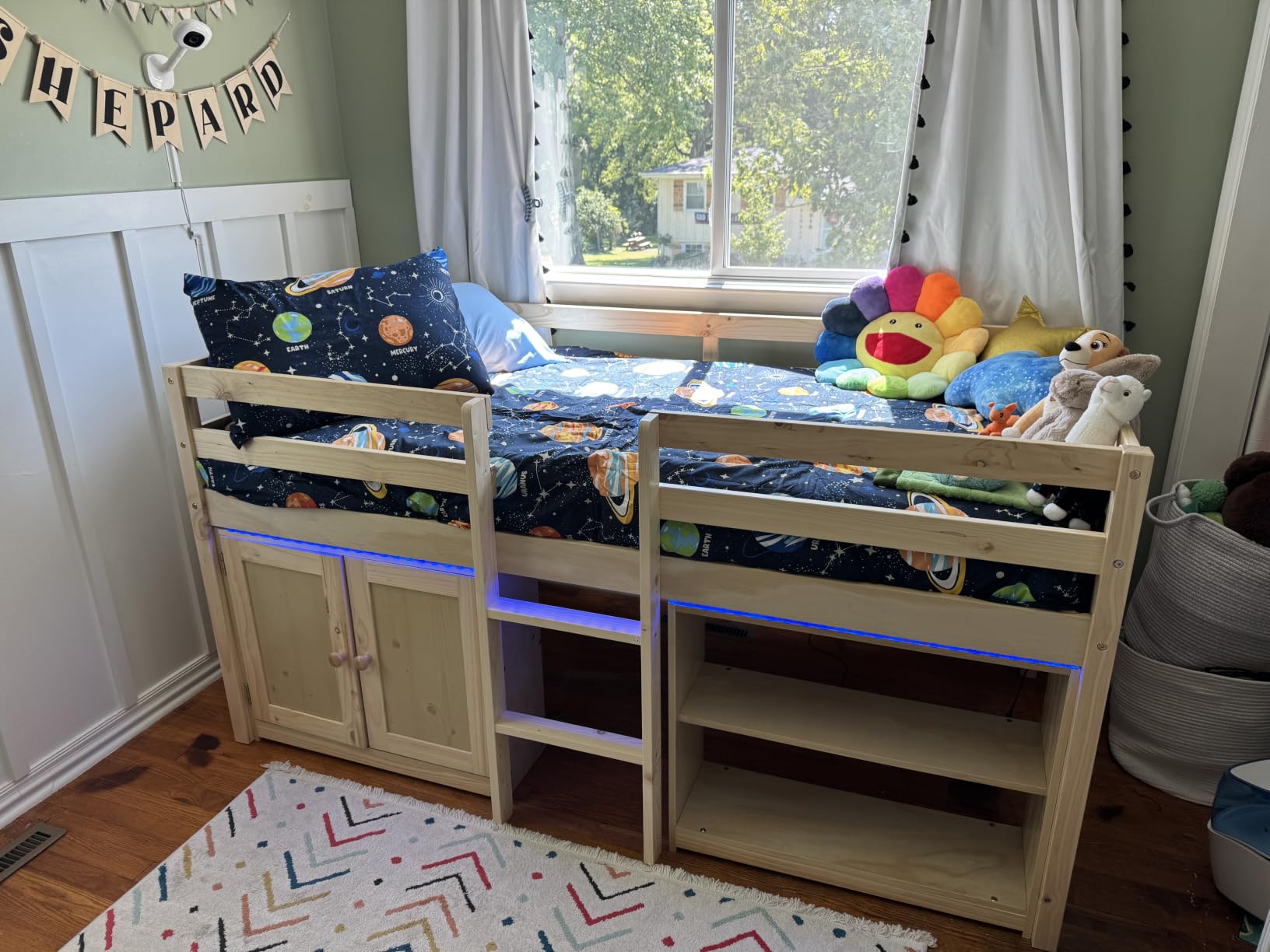 TOLEAD Wood Loft Bed for Kids, Low Loft Bed Twin Size with Storage Cabinet, Shelf and LED Lights, Wooden Kids Loft Bed with 14