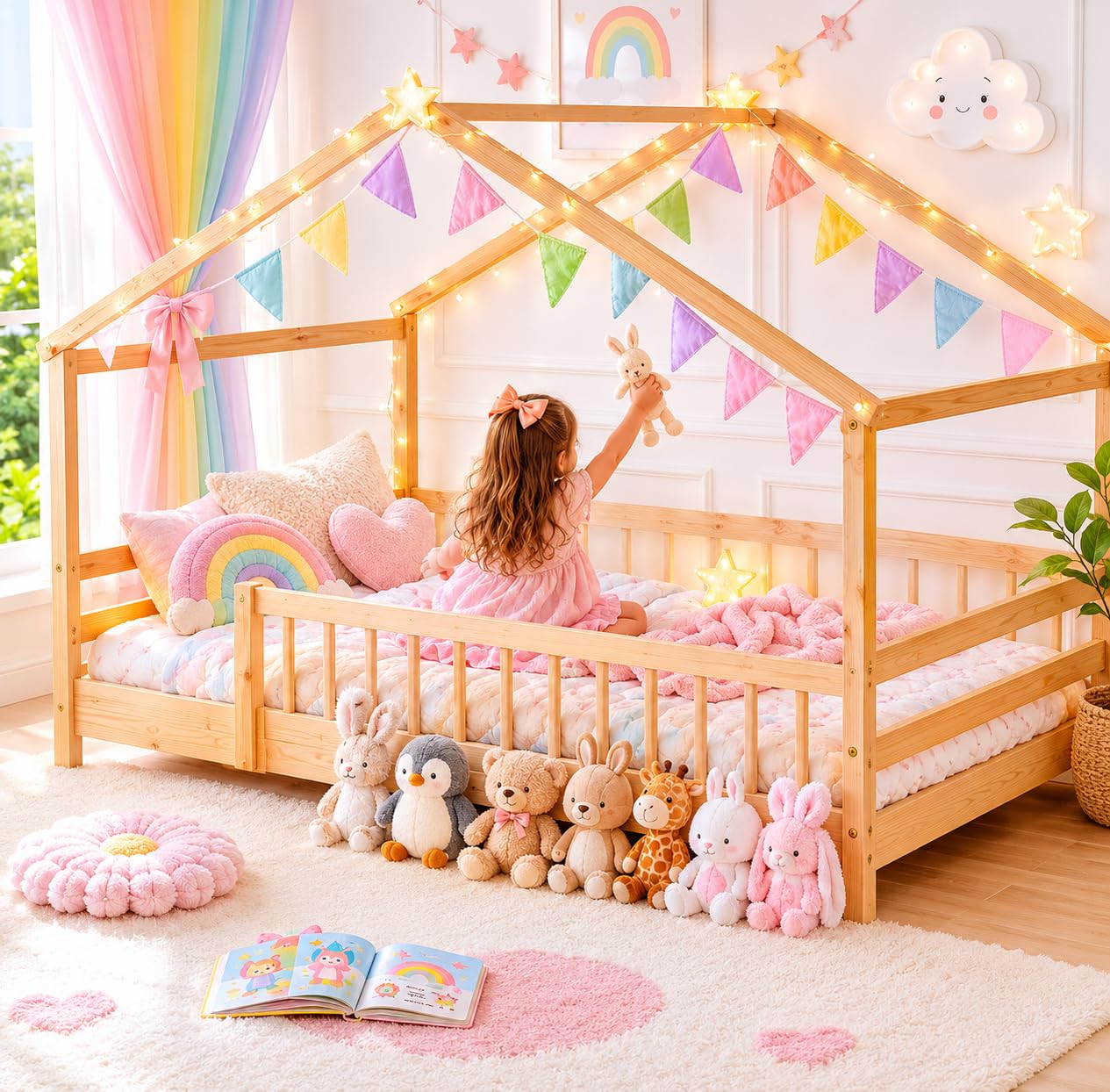Twin House Bed, Montessori Floor Bed with Headboard & Footboard, Solid Wood Bed Frame for Toddlers Kids Bedroom, Natural customer photo 2