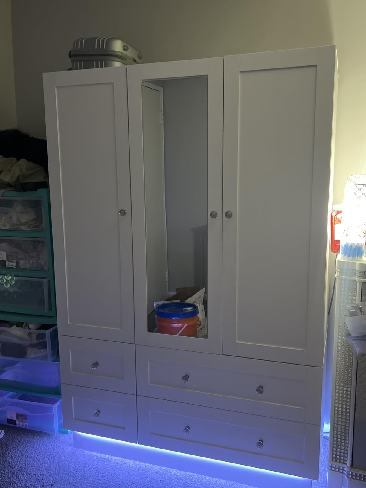 VOWNER Wardrobe Closet with 3 Doors Bedroom Armoire with Mirror & 4 Drawers | Large Capacity Storage Closet with LED Light and Hanging Rod for Bedroom, White 47