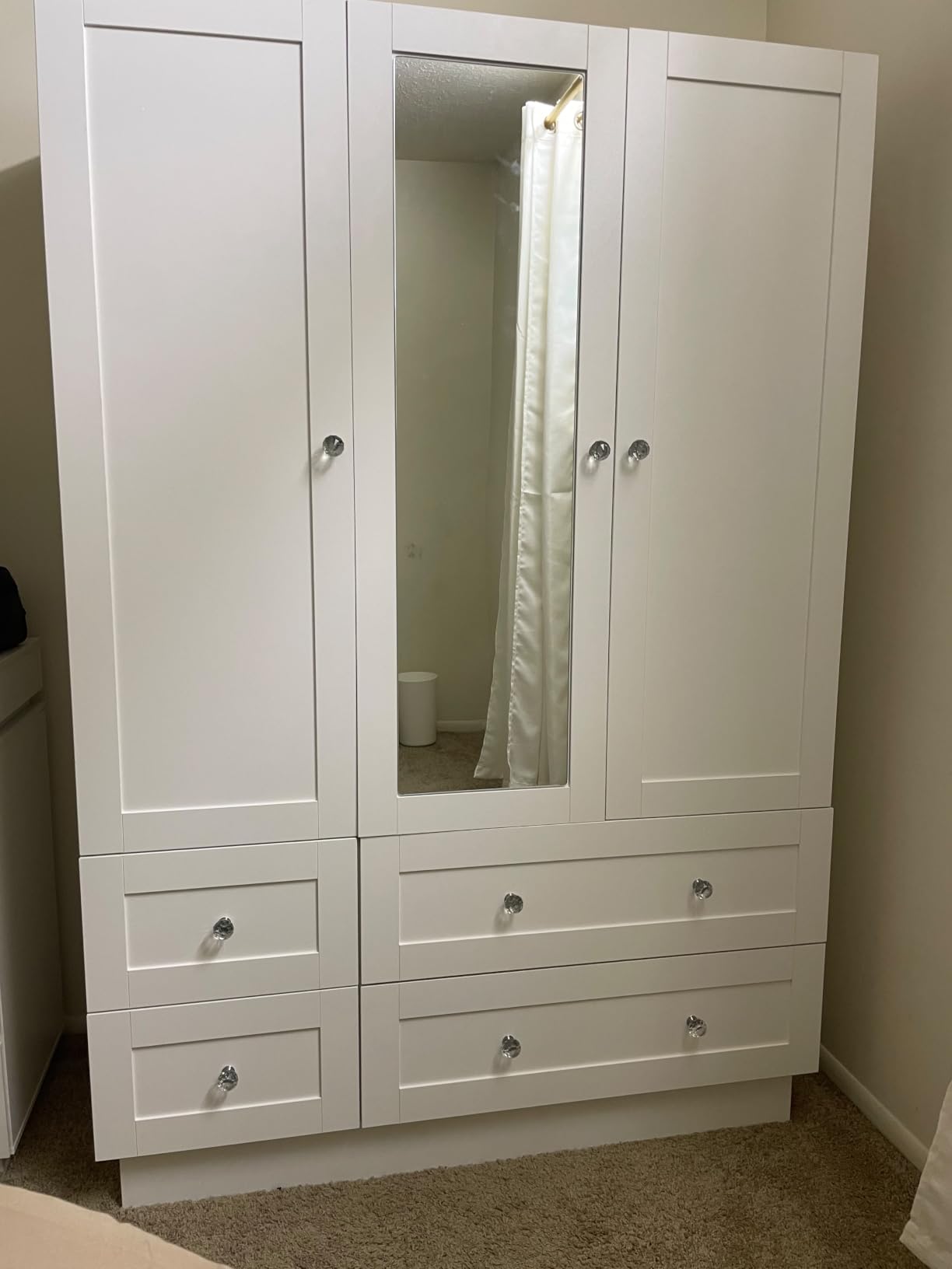 VOWNER Wardrobe Closet with 3 Doors Bedroom Armoire with Mirror & 4 Drawers | Large Capacity Storage Closet with LED Light and Hanging Rod for Bedroom, White 47