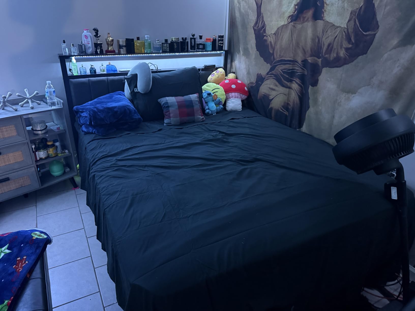 Furnulem Queen Bed Frame with Charging Station and LED Lights, Grey Upholstered Headboard with Shelves, Metal Platform Bed with 2 Under-Bed Storage (Fabric Drawer on Wheels), No Box Spring Needed customer photo 2