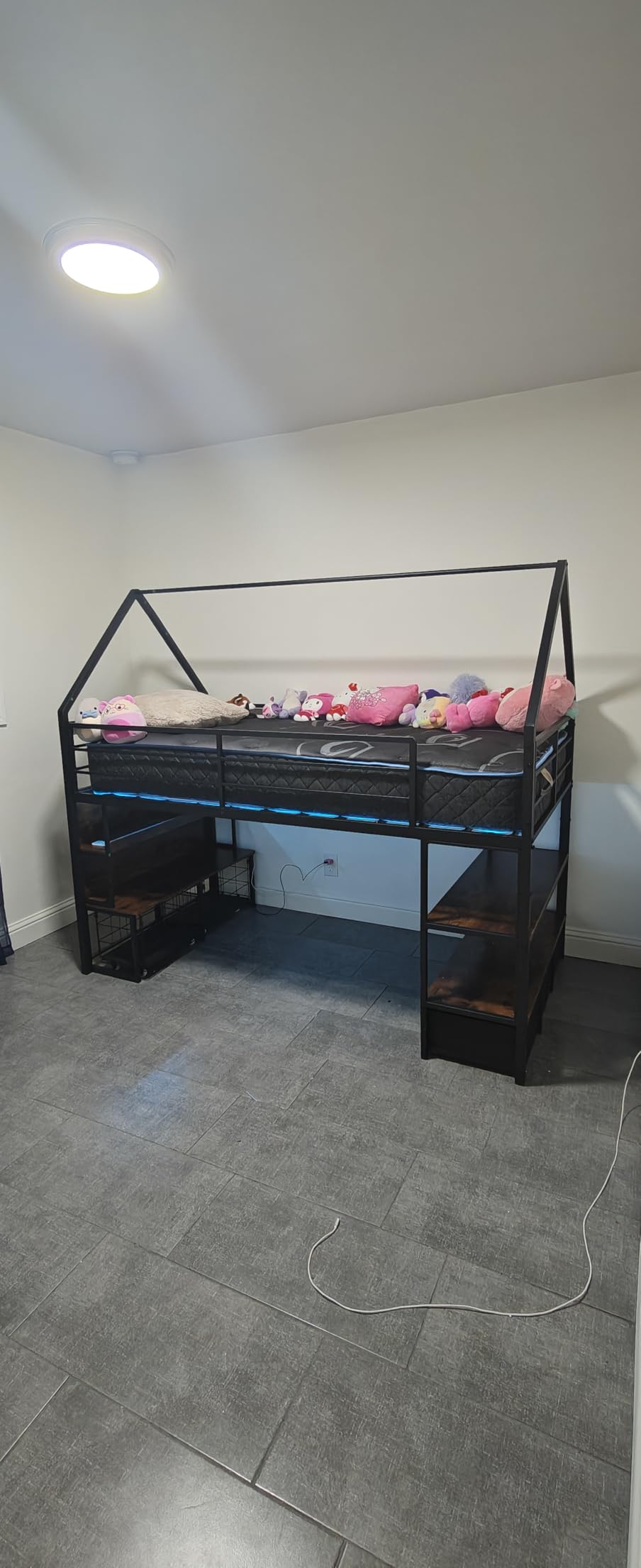 ADORNEVE House Shape Low Loft Bed with Storage Bookcase & Drawers for Kids | LED Lights, 2 Slide-Out Drawers, 3 Fabric Drawers, Storage Bookcase, Storage Shelves, 13.4