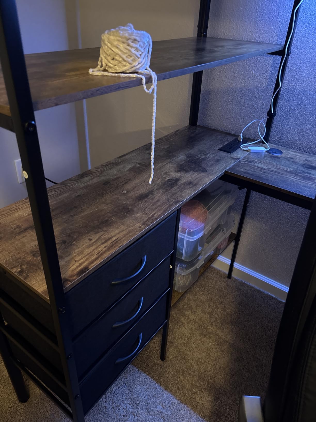 Full Size Loft Bed with L-Shaped Desk, LED Lights, Charging Station, Industrial Heavy Duty Metal Loft Bed Frame with 3 Storage Shelves and 3 Fabric Drawers, Safety Guard & Ladder, Vintage Brown customer photo 2