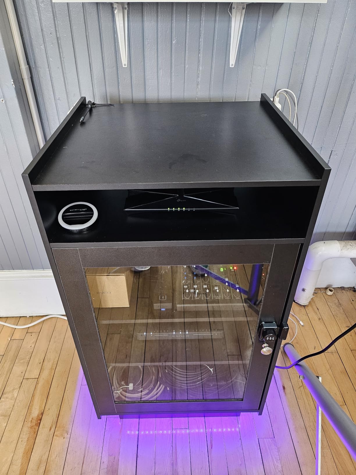 ELECWISH Media Cabinet with Glass Door, 5 Tier Stereo Cabinet, Black | 2 Adjustable Shelves, RGB LED Light, Cable Management, Media Storage Stand, AV Rack, Freestanding Record Player Cabinet customer photo 2