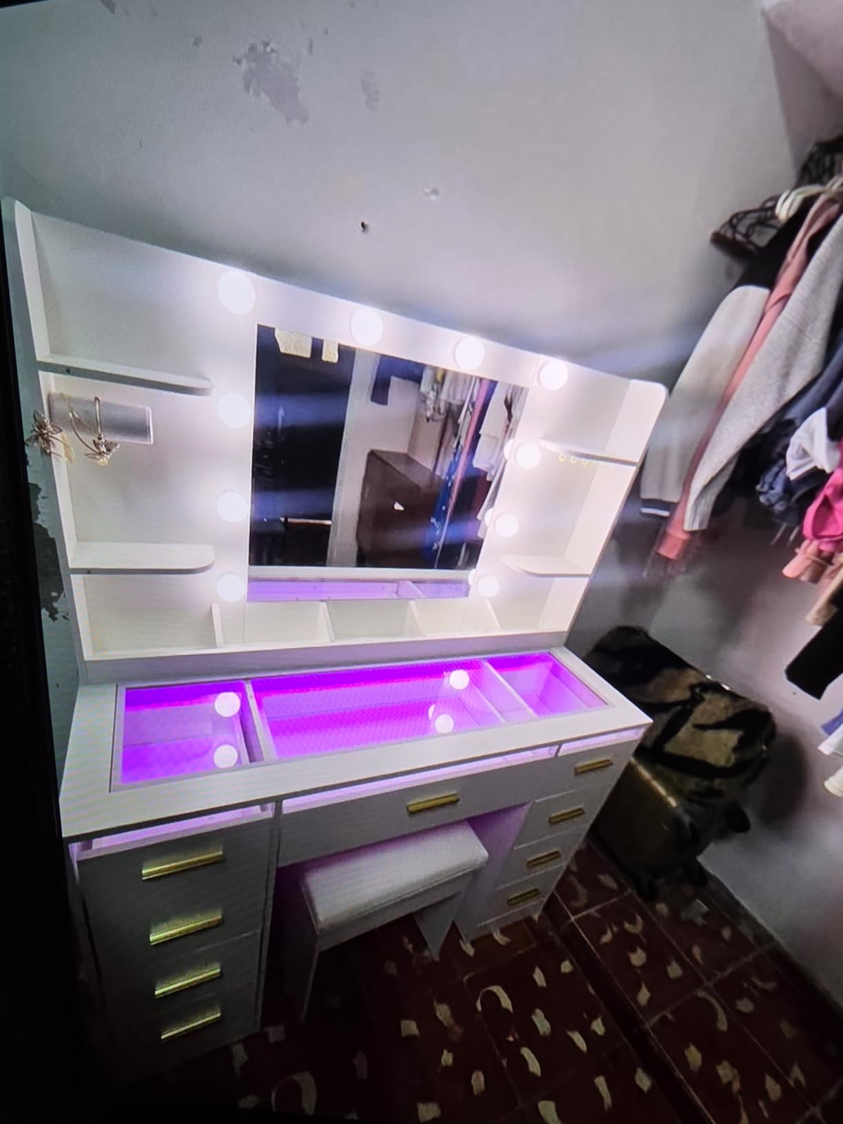 ANWBROAD Large Vanity Desk with Mirror and Lights & Transparent Glass Top | 3 Colors Makeup Vanity Table Set with 9 RGB Drawers, Power Outlet, White Vanity Stool and 4 Shelves for Bedroom Women customer photo 2