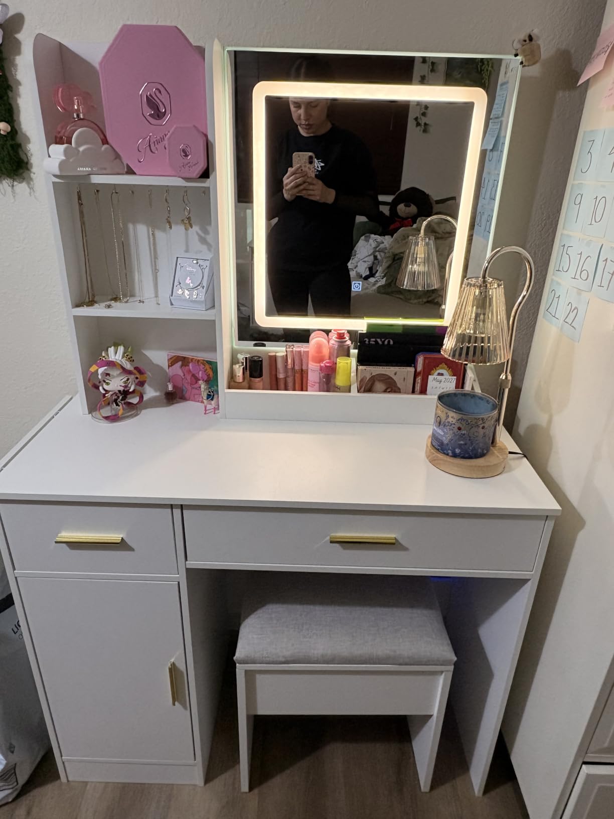 ERLEJIA Vanity Desk with Mirror and Lights & Extra Foldable Desk, 31.5