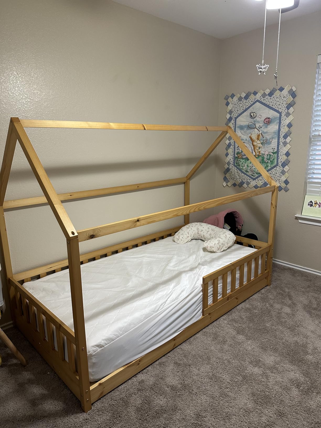 Jocisland Twin Size House Bed for Kids, Montessori 100% Wooden Floor Bed Frame with Guardrails, Removable Rails, Playhouse Roof, Easy Assembly, Toddler Floor Bed for Boys & Girls, Natural Wood customer photo 1