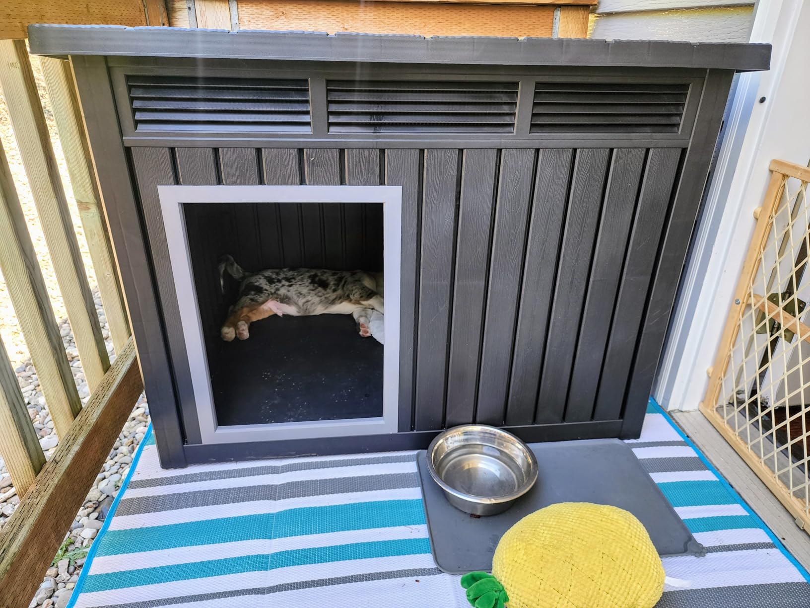 DRATO Dog House, Weatherproof Resin Outdoor Dog House for Large Dogs, Sloped Openable Roof, Air-Rod Support & Fixed Louvered Structure, Spacious Interior Easy Assembly Pet Shelter Indoor Outdoor(Grey) customer photo 1