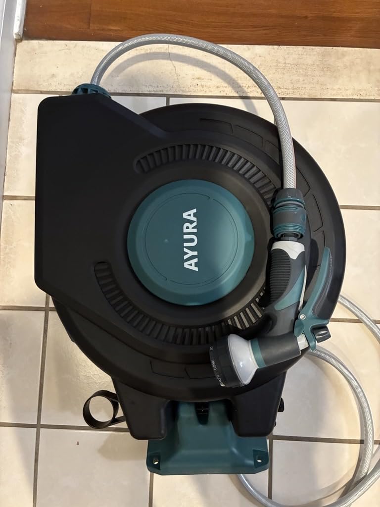 AYURA Retractable Garden Hose Reel 100 ft x 1/2 inch with Pro Metal Shaft, Heavy Duty Automatic Garden Hose Reels with Kink-Free Rewind and Lock at Any Length, Wall Mount Water Hose Reel for Outside customer photo 1