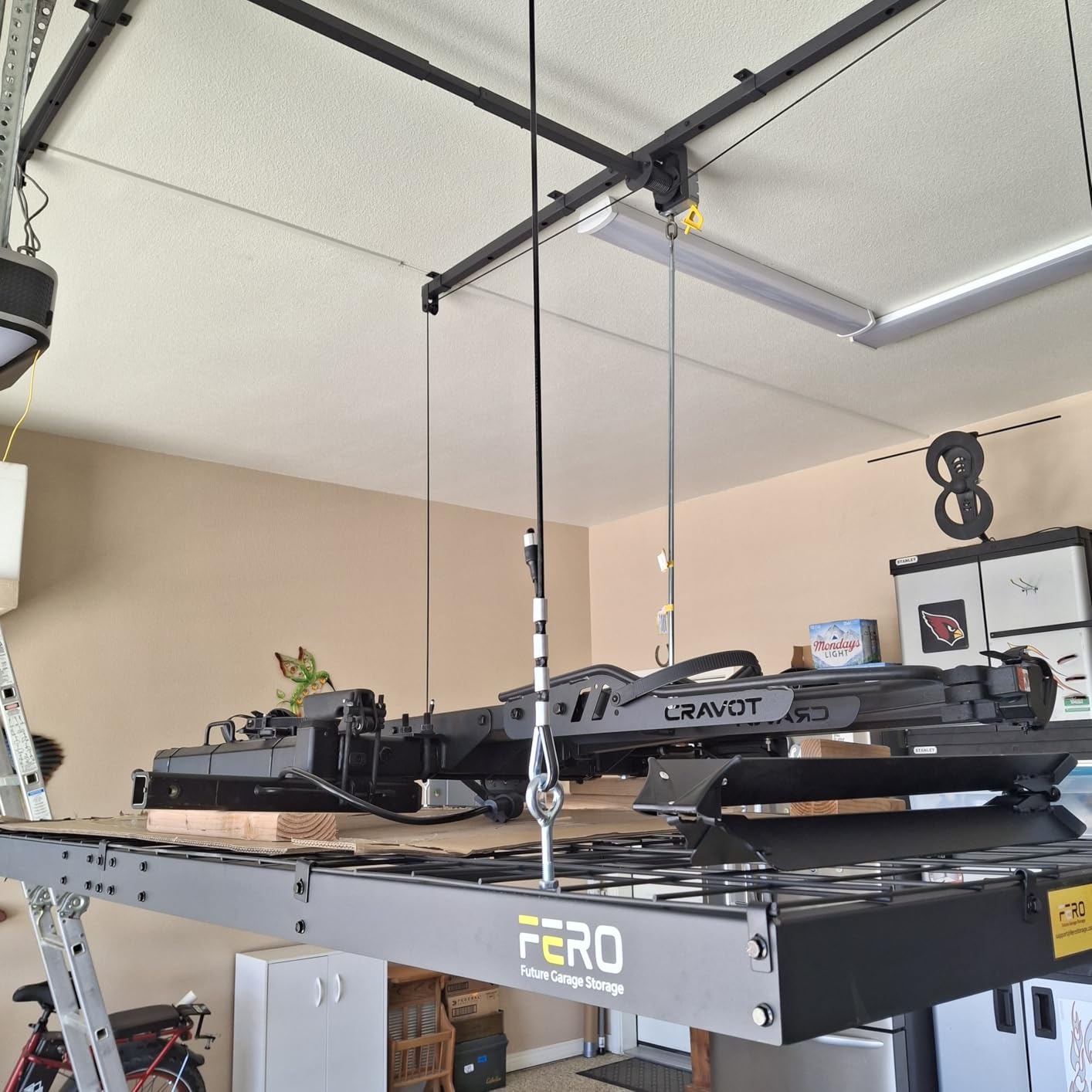 FERO Overhead Garage Storage Rack 4x8, 500 lb Heavy-Duty Capacity, Ceiling Mounted Storage Lift with Safety Lock, Drop Down Overhead Storage System, Garage Ceiling Hoist Organizer customer photo 2