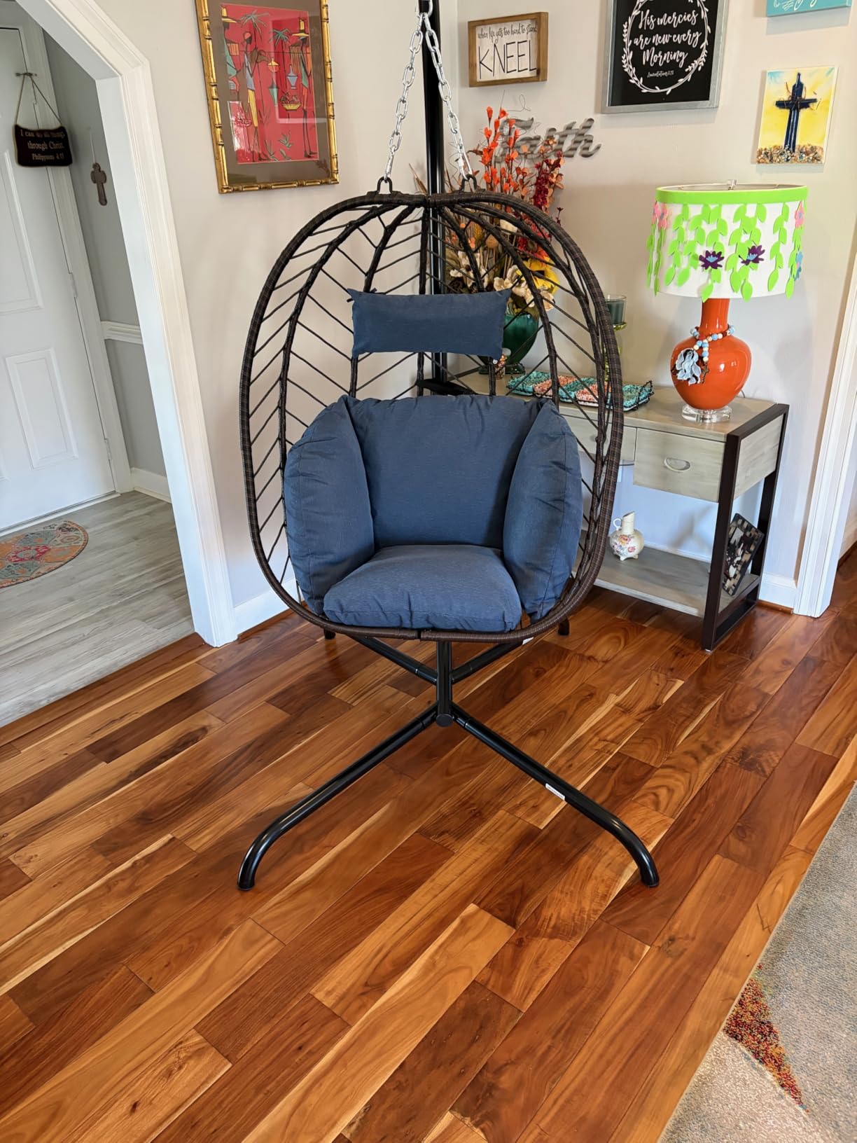 Foldable Egg Chair with Stand, 485LBS Capacity Textilene Hammock Swing Chair for Outdoor & Indoor, Hanging Chair with Strong Frame & UV Resistant Cushion for Balcony, Bedroom, Light Gray/D1 customer photo 2