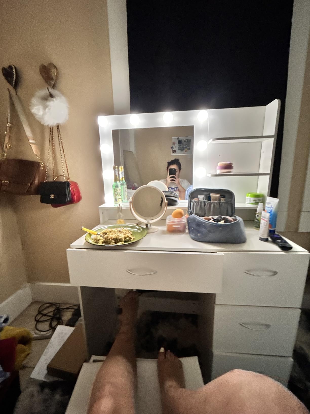 LIVELYGLOW White Makeup Vanity Desk with Charging Station & 4 Drawers | 10 LED Bulbs, HD Mirror, Cushioned Stool, Hairdryer Rack customer photo 1