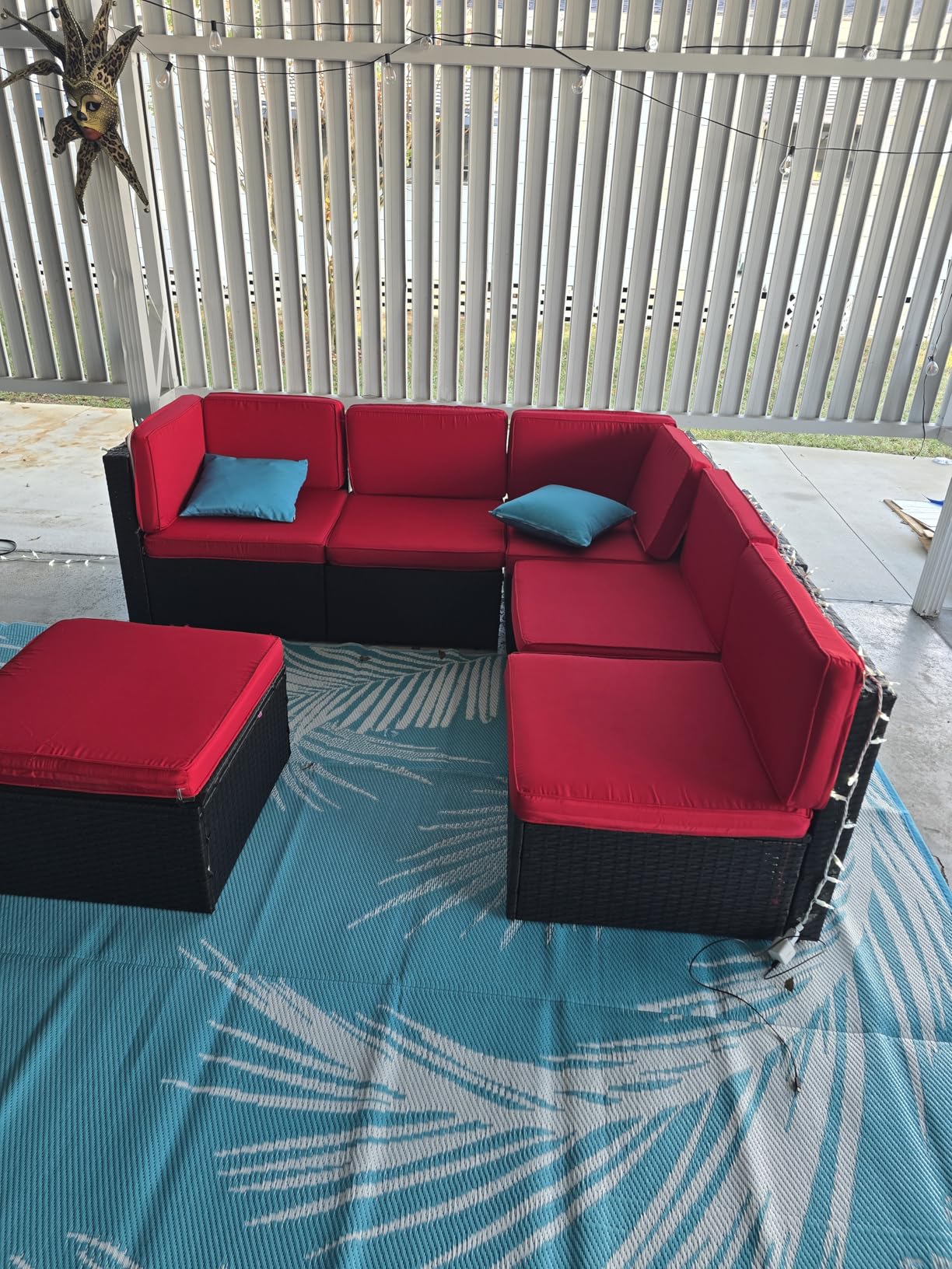 Shintenchi 7 Pieces Patio Furniture Sets Outdoor All-Weather Sectional Patio Sofa Set PE Rattan Manual Weaving Wicker Patio Conversation Set with Glass Table&Ottoman Cushion and Red Pillows, Beige customer photo 2