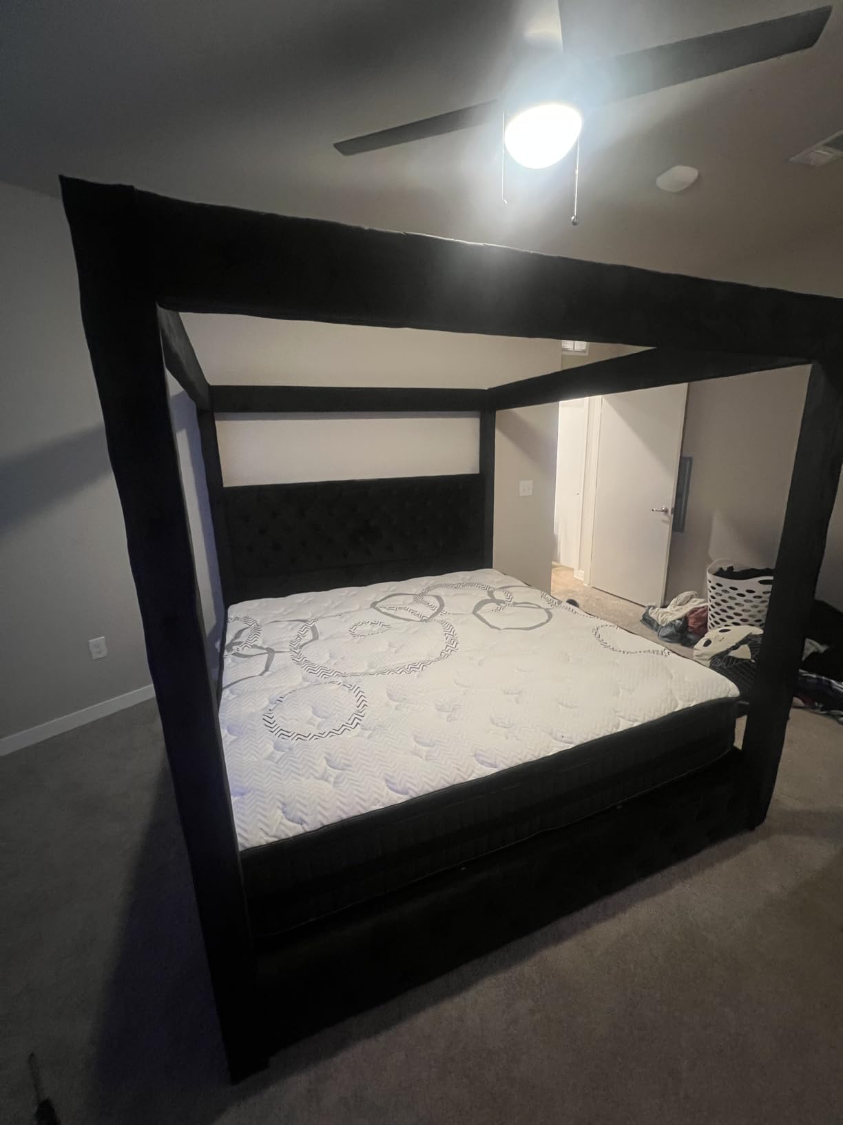 Jocisland King Canopy Bed Frame Velvet Upholstered Headboard, Black | 74.8