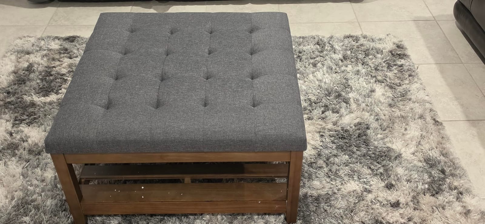 SONGMICS Storage Ottoman with Solid Wood Frame, 31.5 x 31.5 x 17.7 Inches | Square Upholstered Coffee Table, Footrest, Tufted Cushion, Easy Assembly, Summer Sand customer photo 2