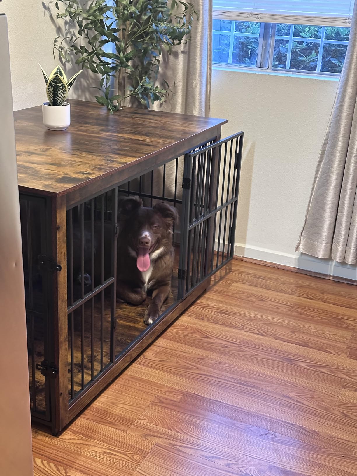 Feandrea Wooden Dog Crate Furniture, 48 Inches Heavy-Duty Kennel for Dogs up to 110 lb, with Double Doors and Enclosed Wood Base, Modern Pet Cage End Table Indoor, Rustic Brown customer photo 2