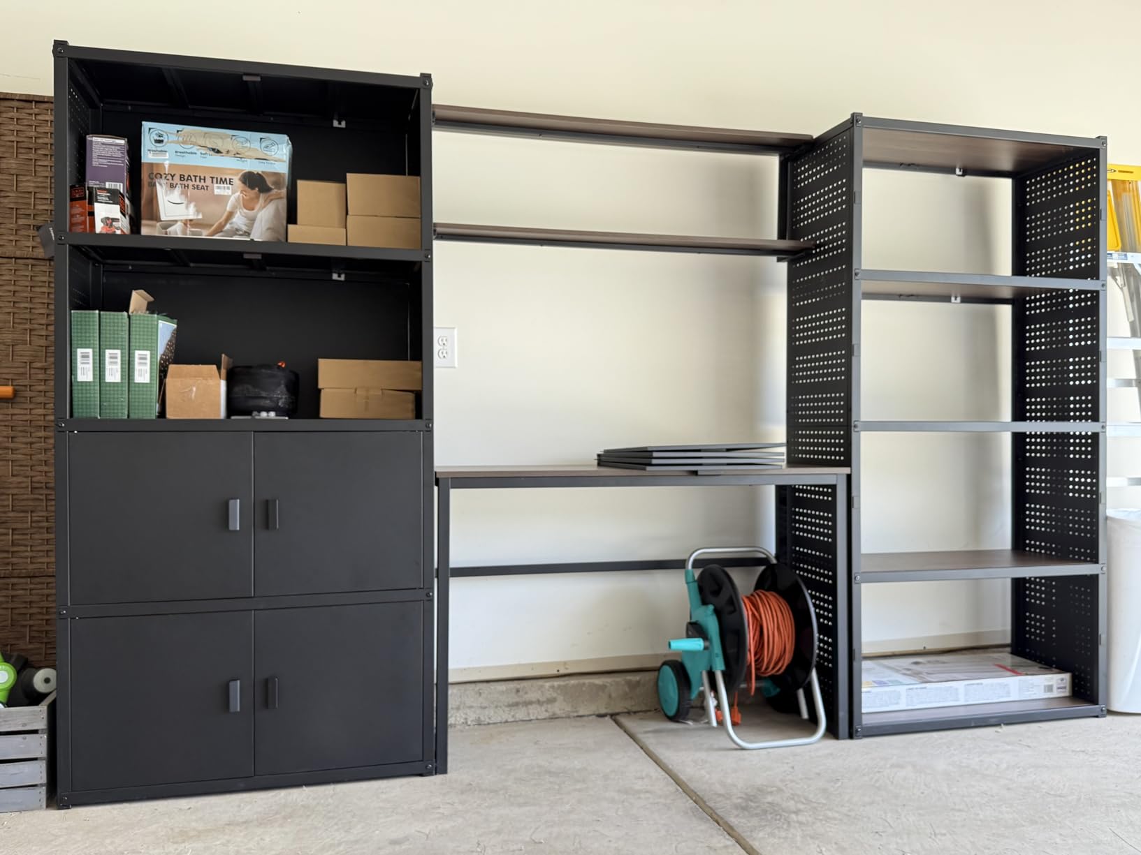 FLEXIMOUNTS Garage Storage Cabinet System, 3-in-1 Modular Metal Tool Cabinet w/ Workbench and Metal Board Shelf Includes Pegboard, 24-Gauge Steel, 117