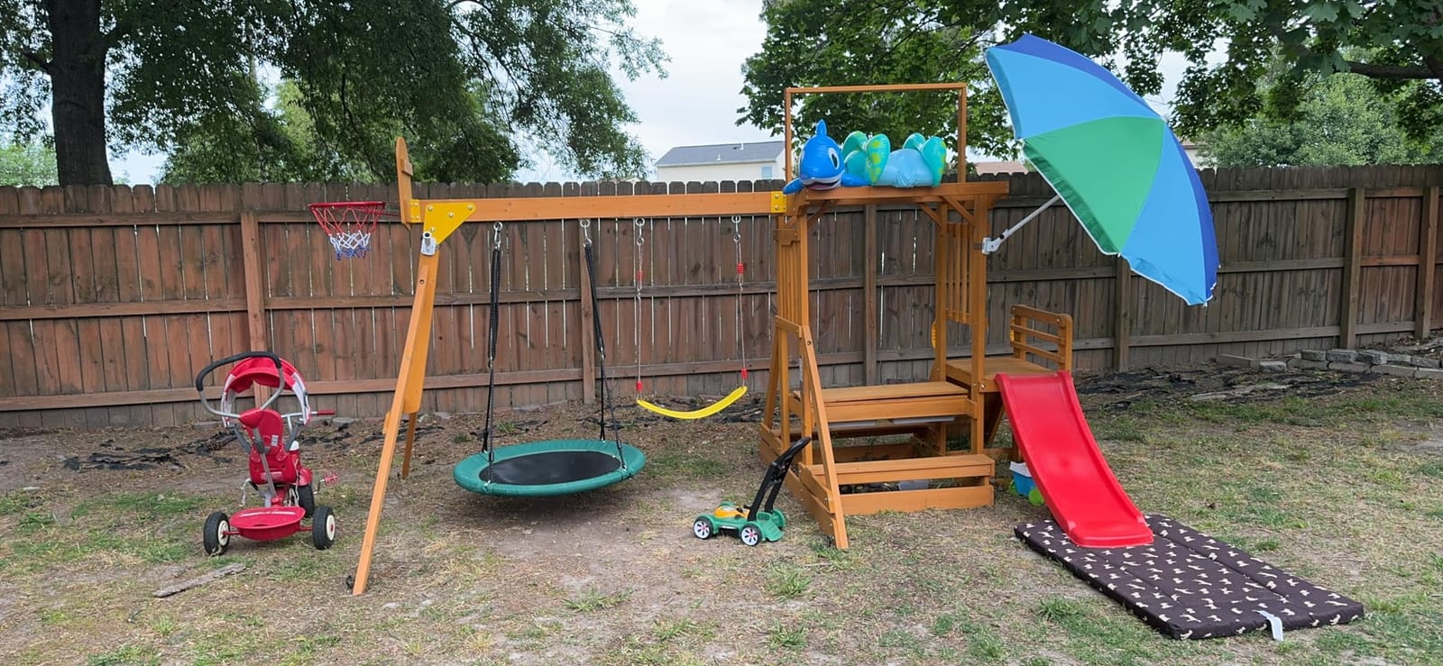 SUNIBOXI Wooden Swing Sets for Backyard, for Ages 3-6 | Kids Outdoor Playground Set with Monkey Bars, Wave Slide, 2 Belt Swings, Climbing Ladder, Rock Wall, Play Deck with Canopy customer photo 1