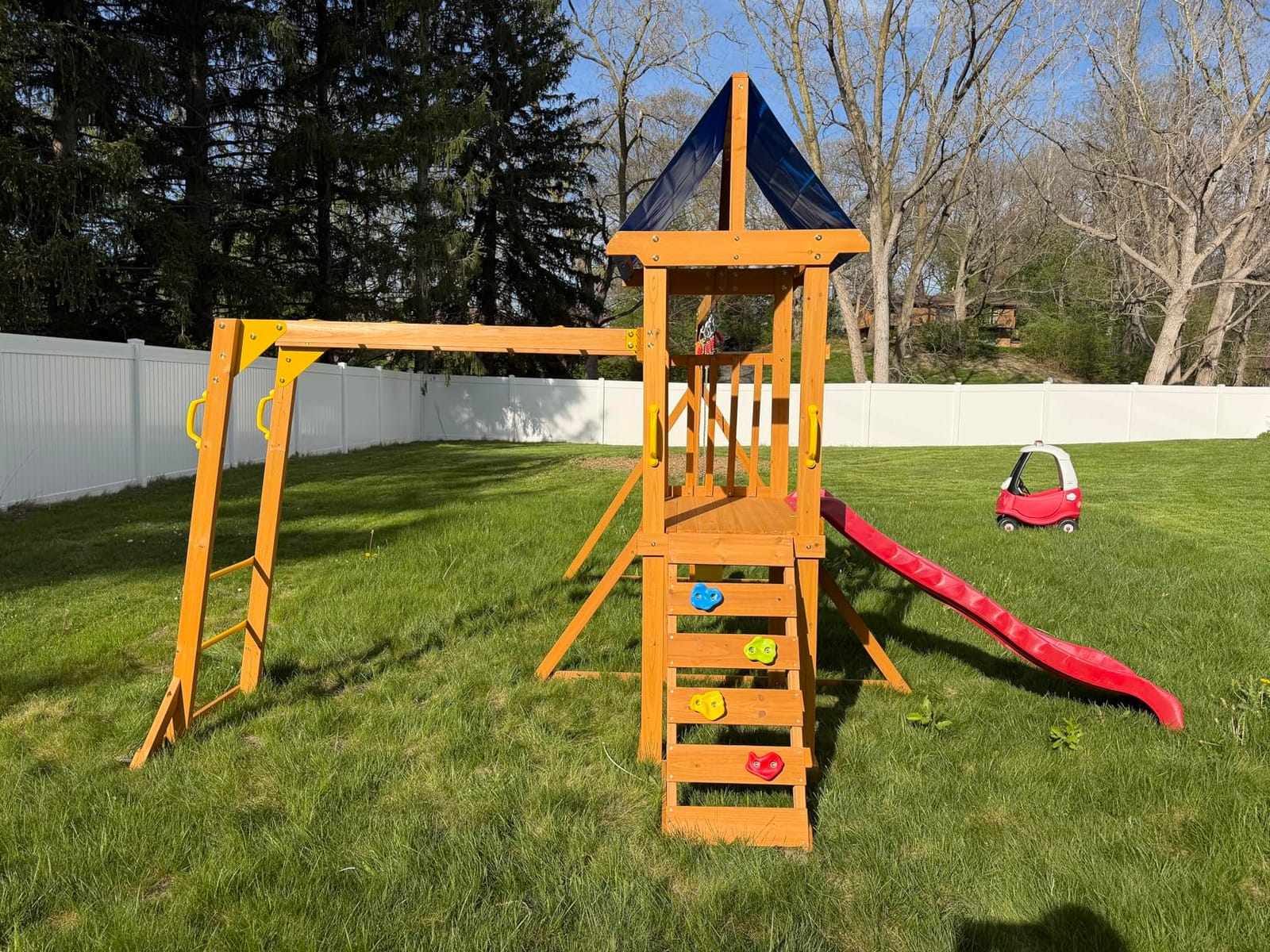 SUNIBOXI Wooden Swing Sets for Backyard, for Ages 3-6 | Kids Outdoor Playground Set with Monkey Bars, Wave Slide, 2 Belt Swings, Climbing Ladder, Rock Wall, Play Deck with Canopy customer photo 2