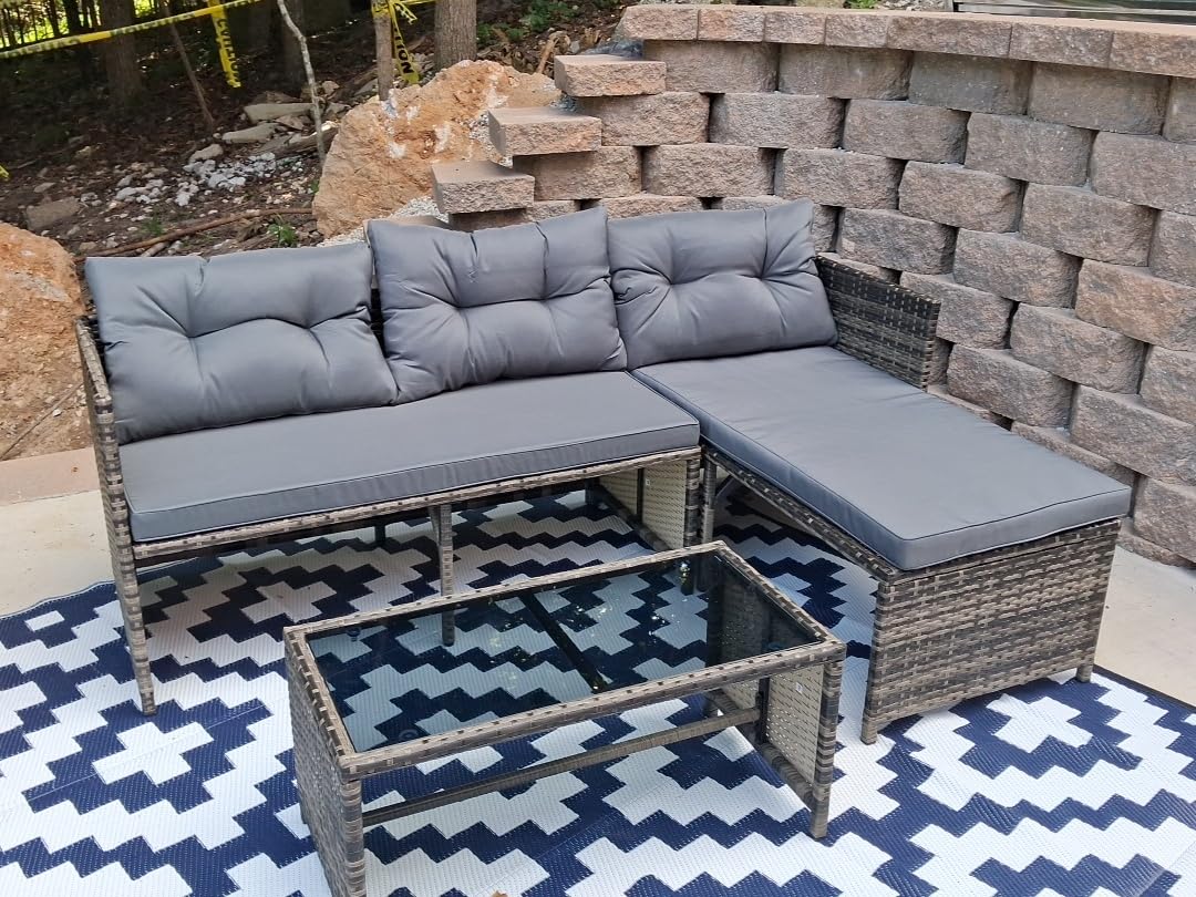 Shintenchi 3 Pieces Outdoor Patio Furniture Sets, Wicker Patio Conversation Sets, All Weather Wicker Rattan Patio Seating Sofas with Glass Coffee Table and Cushion, Blue-Gray customer photo 1
