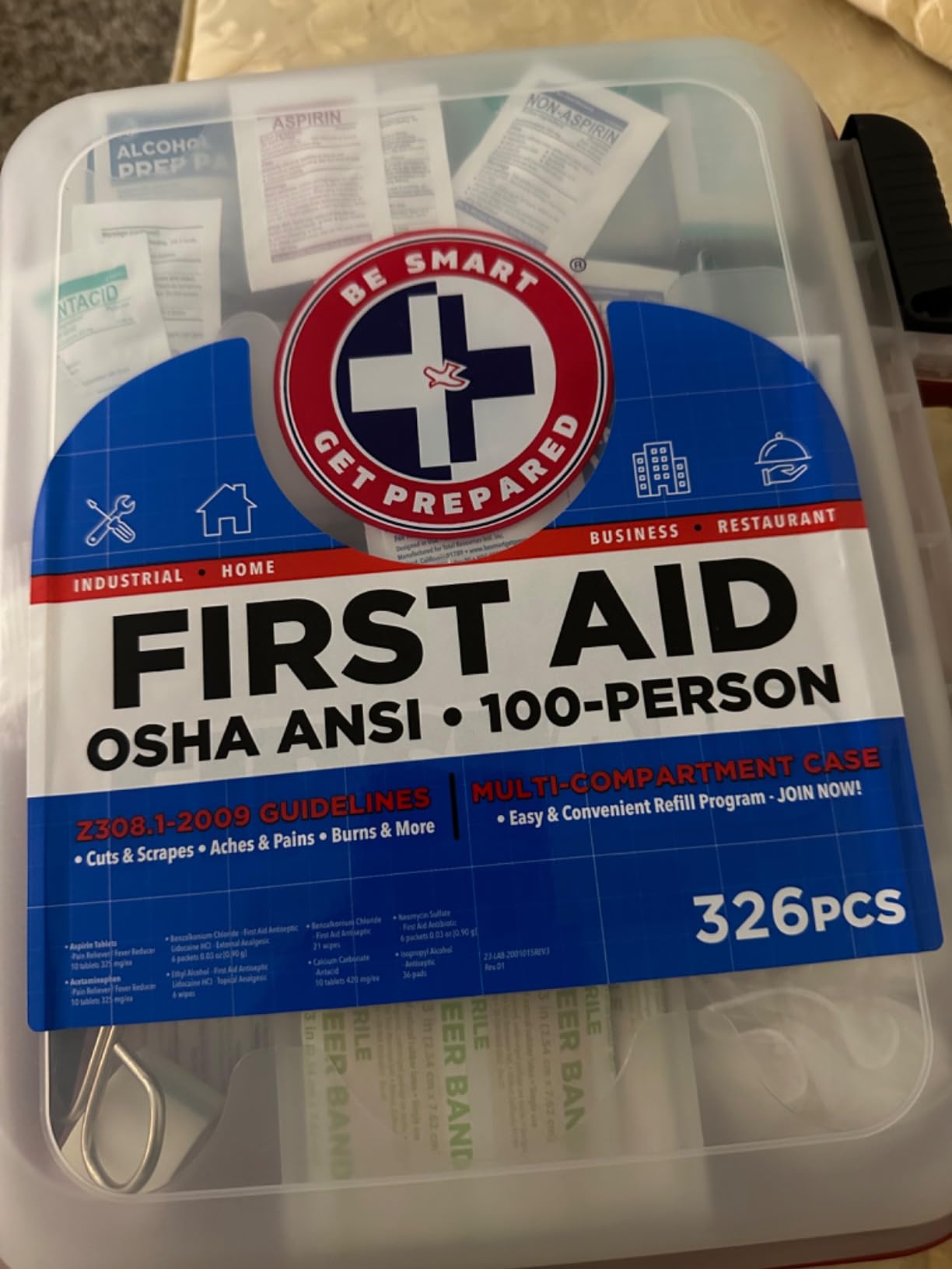 Be Smart Get Prepared First Aid Kit Hard Red Case 326 Pieces Exceeds OSHA and ANSI Guidelines 100 People - Office, Home, Car, School, Emergency, Survival, Camping, Hunting and Sports (20HBC01015REV3) customer photo 2