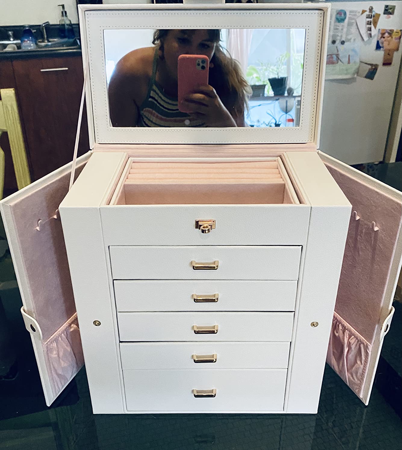 Kendal Extra Large Jewelry Box Jewelry Case PU Leather 6 Tier 5 Drawers Large Storage Capacity with Mirror Jewelry Storage Organizer Great Gift Also Good For Watches LJC-SHD5CM(White) customer photo 1