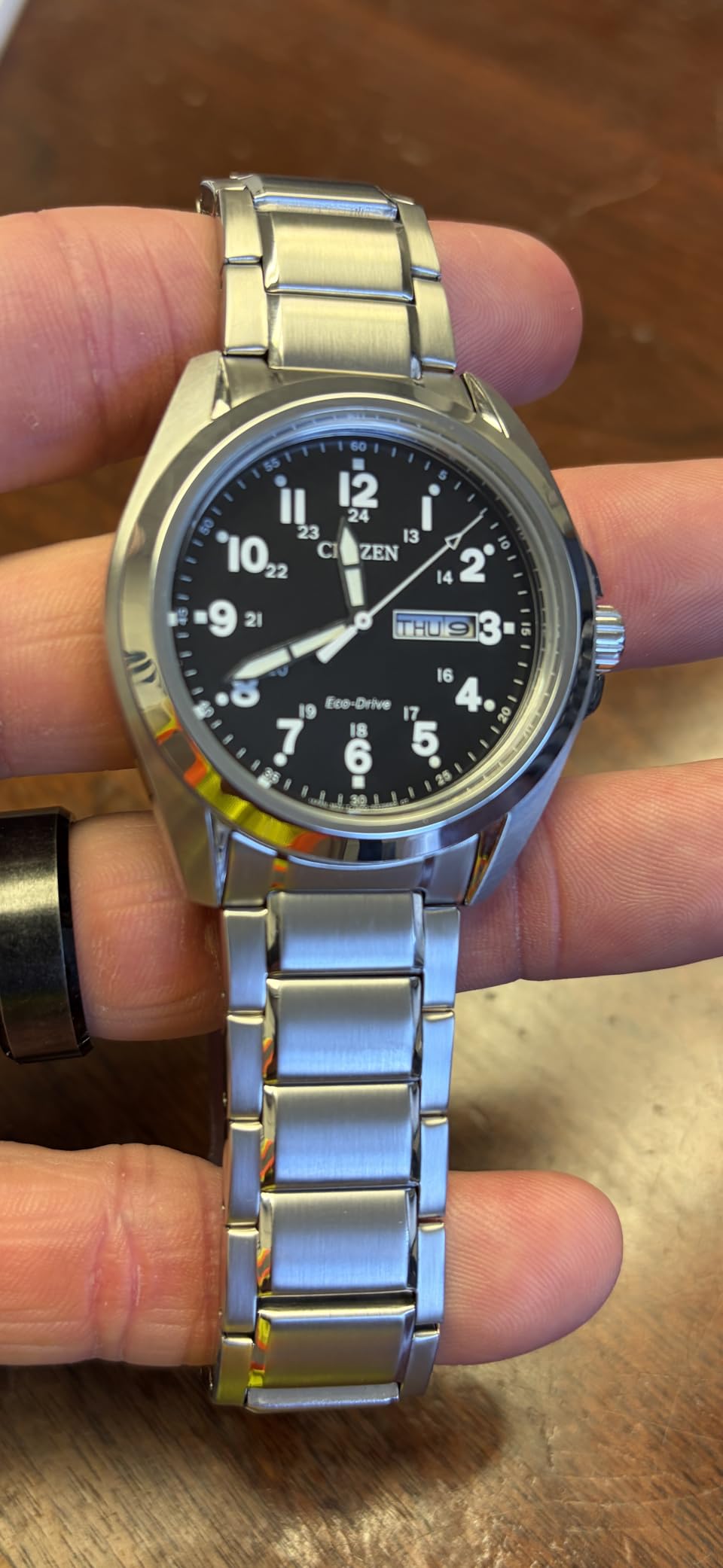Citizen Men's Eco-Drive Weekender Garrison Field Watch in Stainless Steel, Black Dial, Arabic Markers, Luminous, 43mm (Model: AW0050-82E) customer photo 2