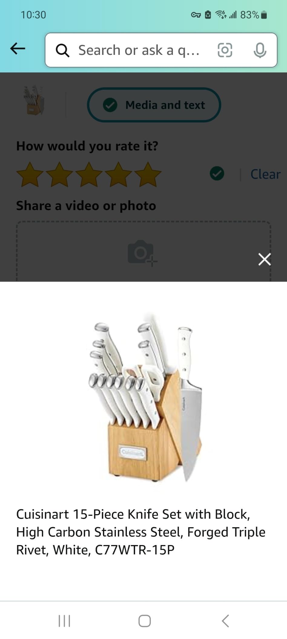 Cuisinart 15-Piece Knife Set with Block, High Carbon Stainless Steel, Forged Triple Rivet, White, C77WTR-15P customer photo 1