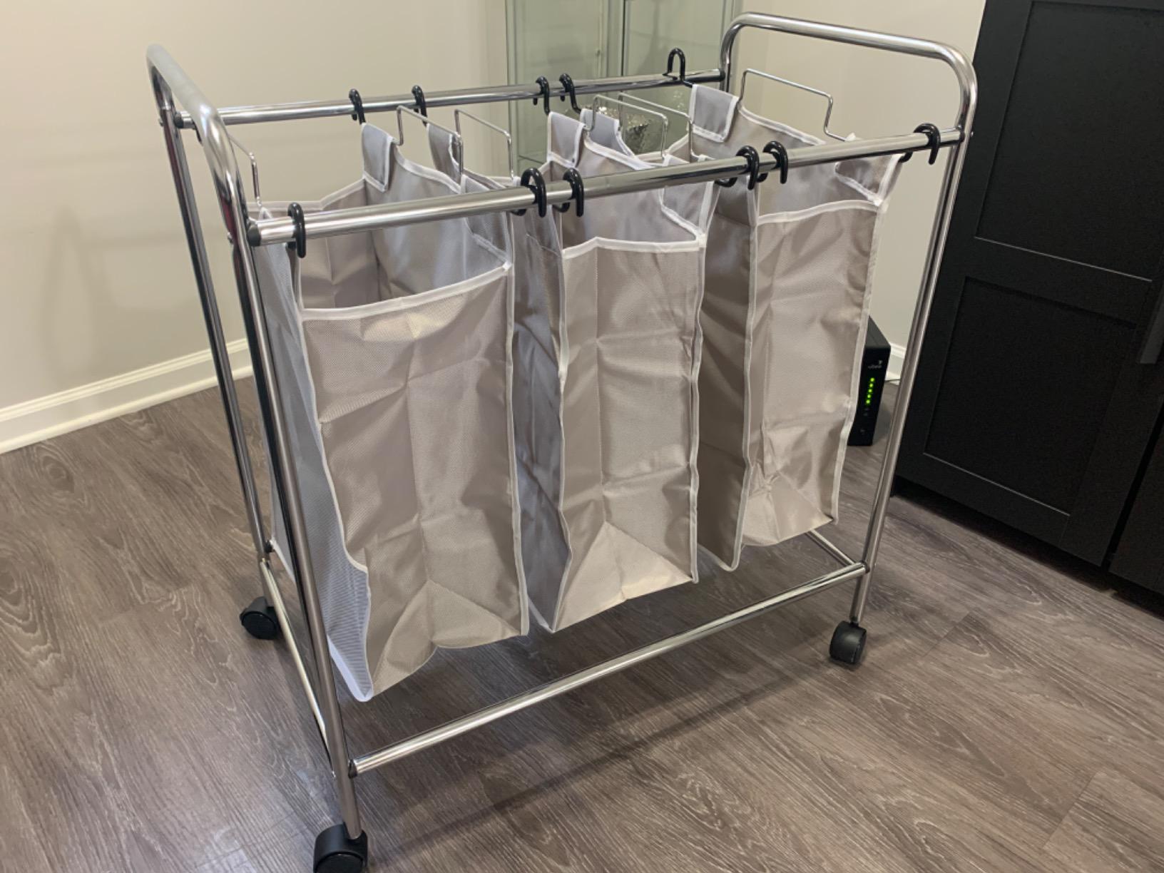 Amazon Basics 3-Bag Laundry Sorter with Removable Bags, Metal Frame, Washable, Locking Wheels, Gray customer photo 1